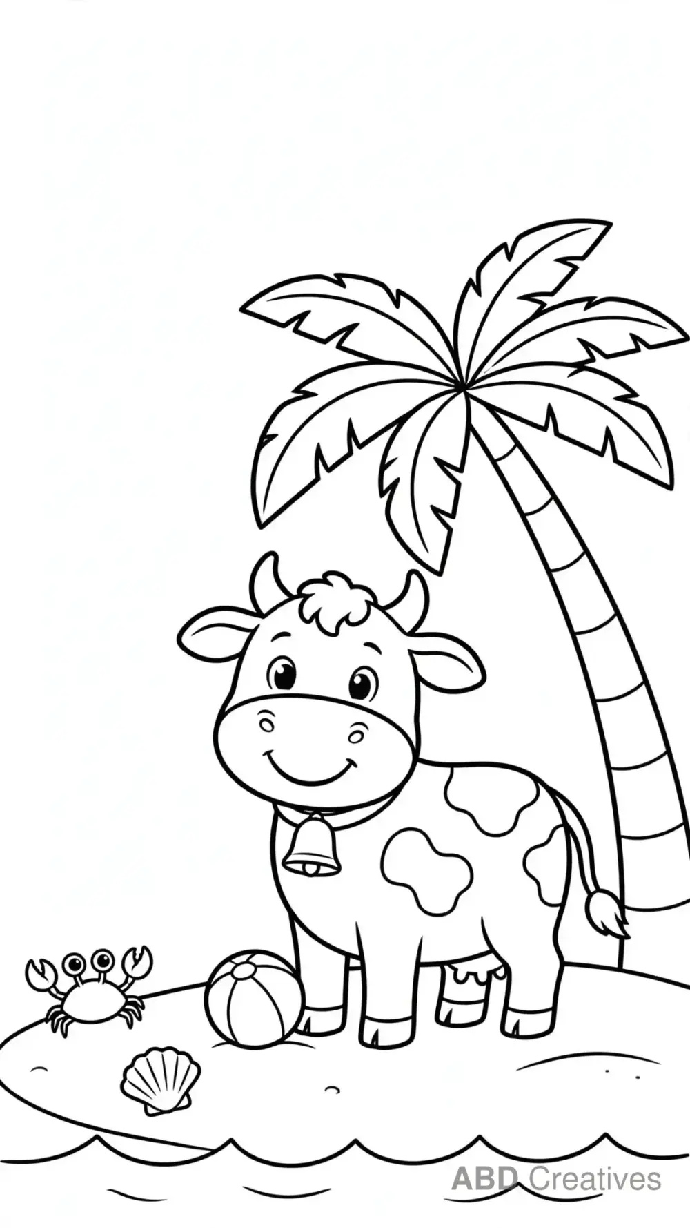 Cow at the Beach with a Palm Tree Coloring Page