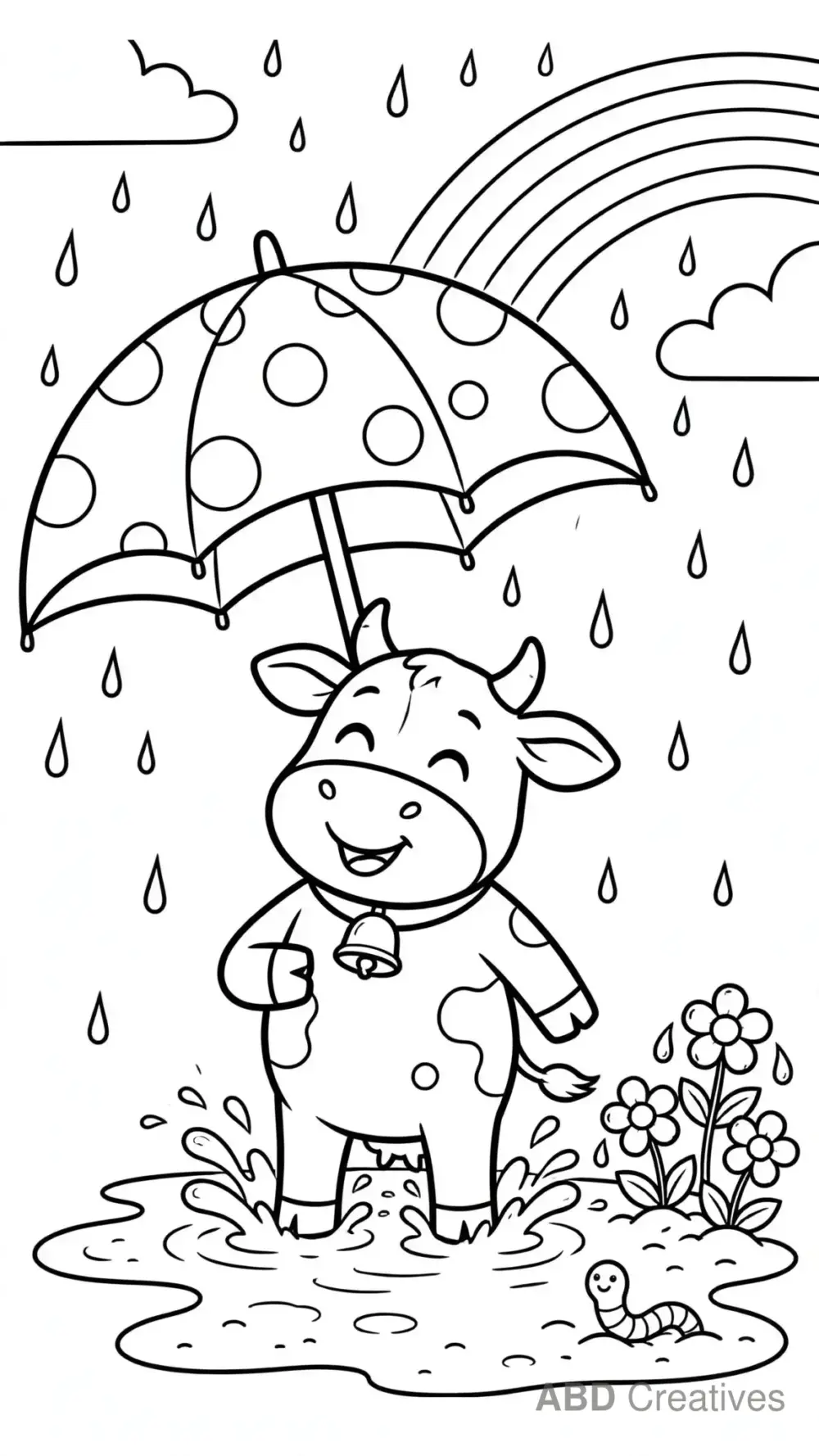 Cow in the Rain with an Umbrella Coloring Page