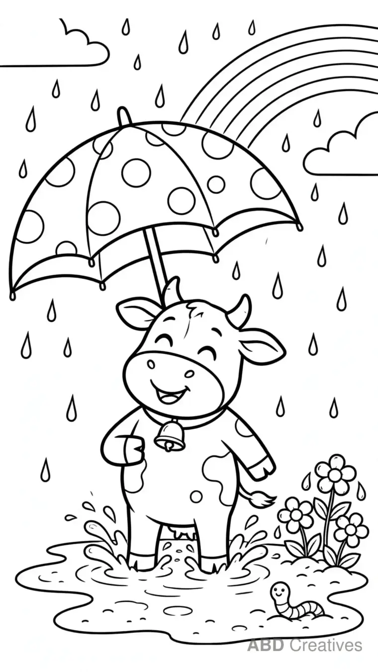 Cow in the Rain with an Umbrella Coloring Page