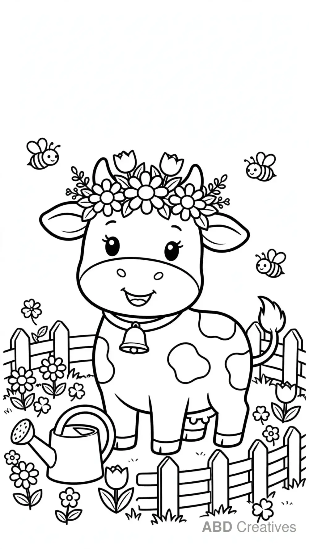 Cow with a Flower Crown in the Garden Coloring Page