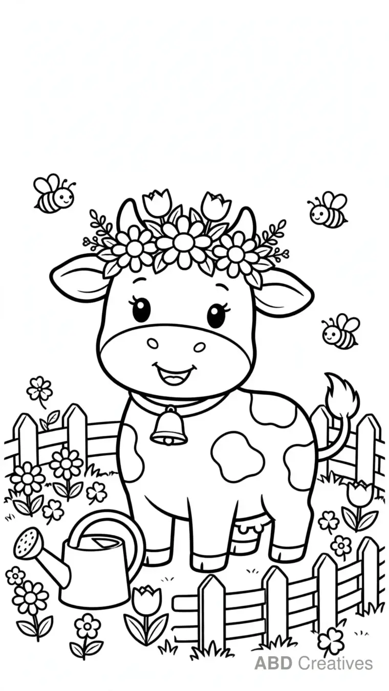Cow with a Flower Crown in the Garden Coloring Page