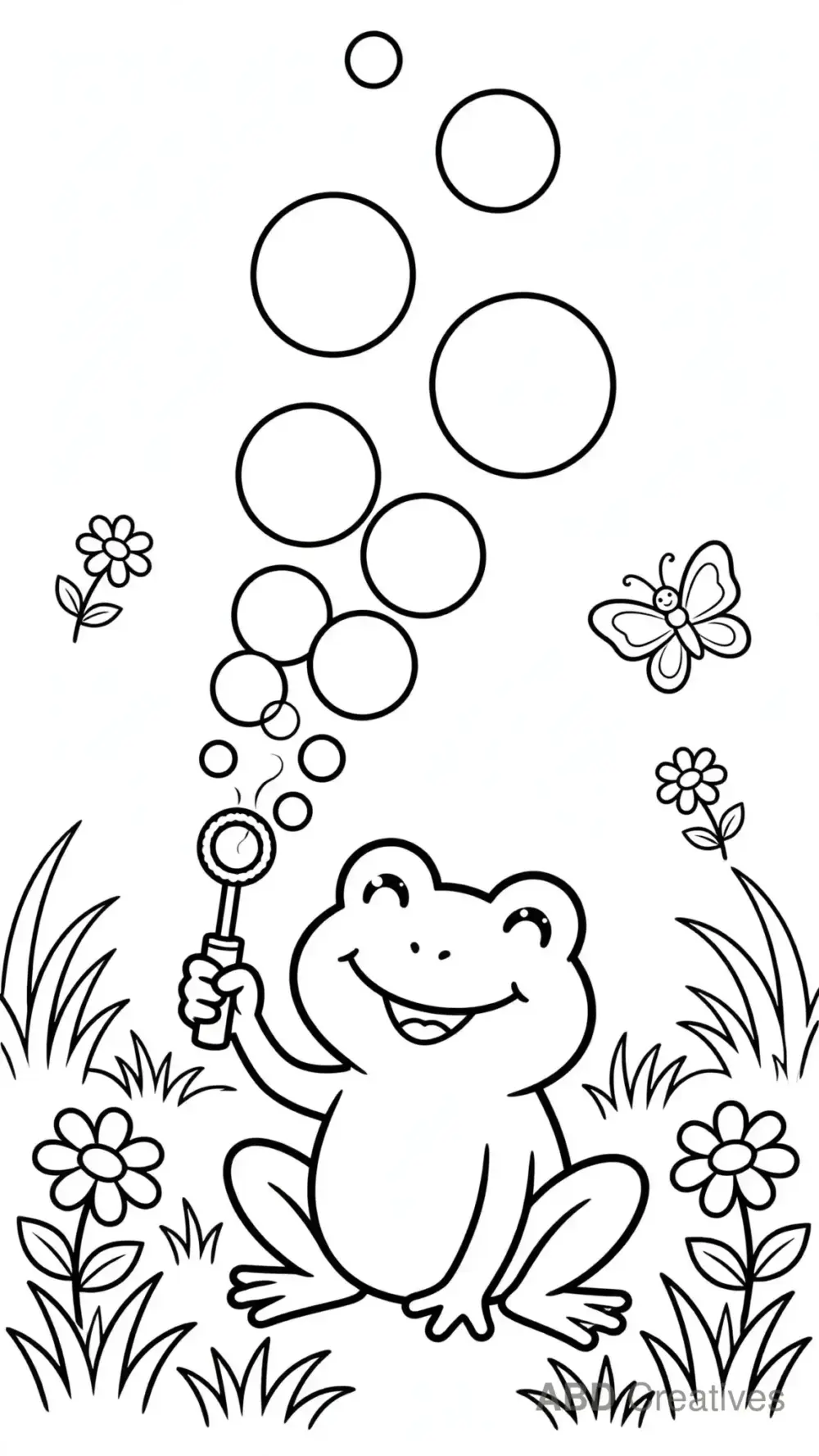 Frog Blowing Bubbles in a Meadow Coloring Page