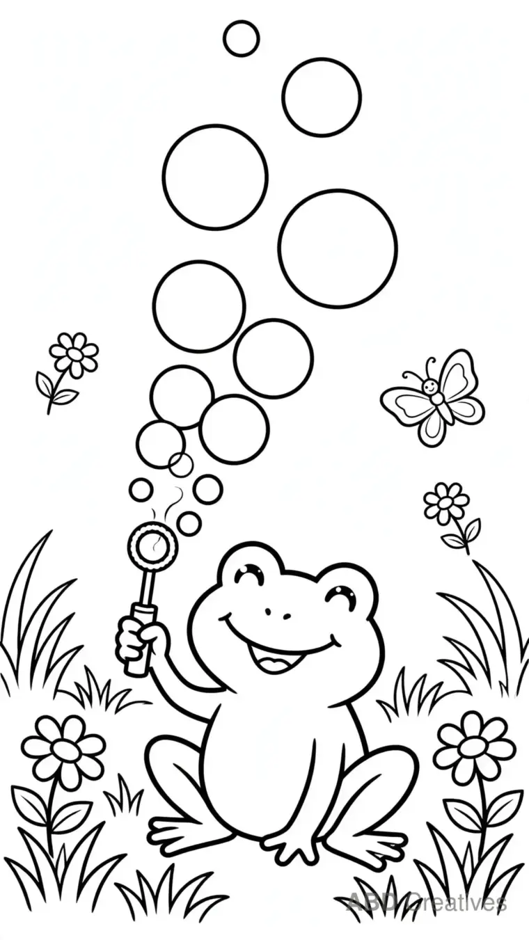 Frog Blowing Bubbles in a Meadow Coloring Page