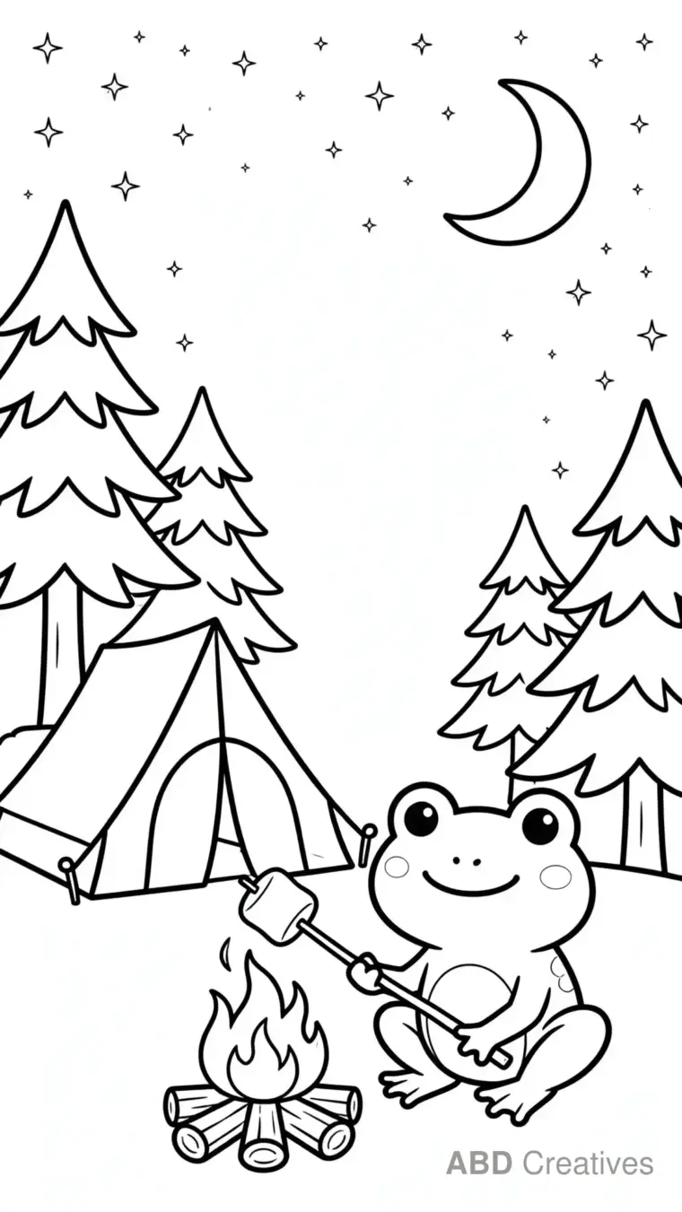 Frog Camping Under the Stars Coloring Page
