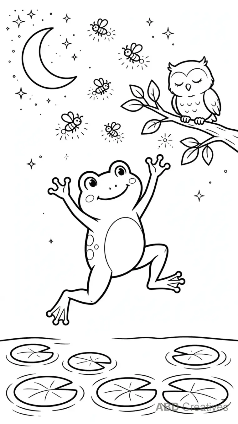 Frog Catching Fireflies at Night Coloring Page