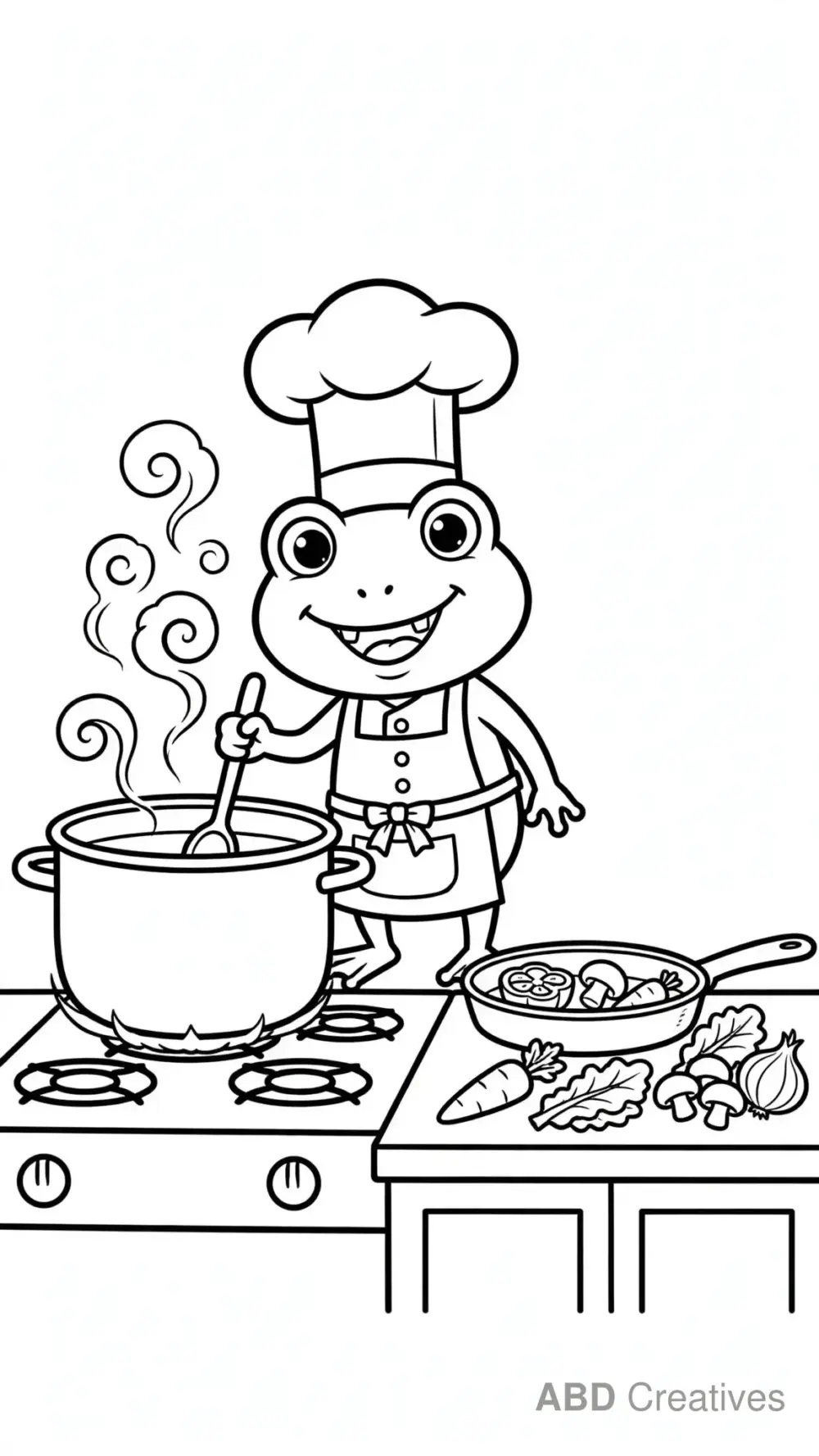 Frog Chef Cooking in the Kitchen Coloring Page