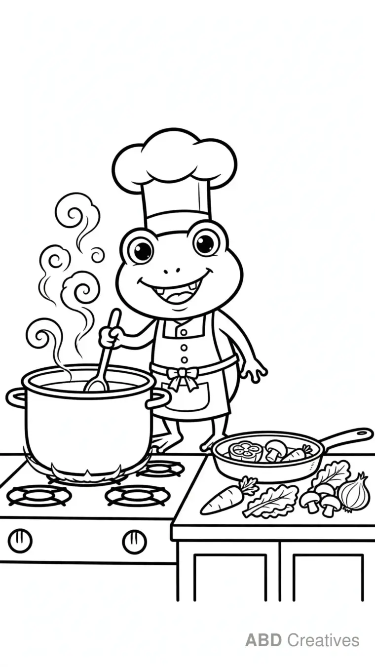 Frog Chef Cooking in the Kitchen Coloring Page