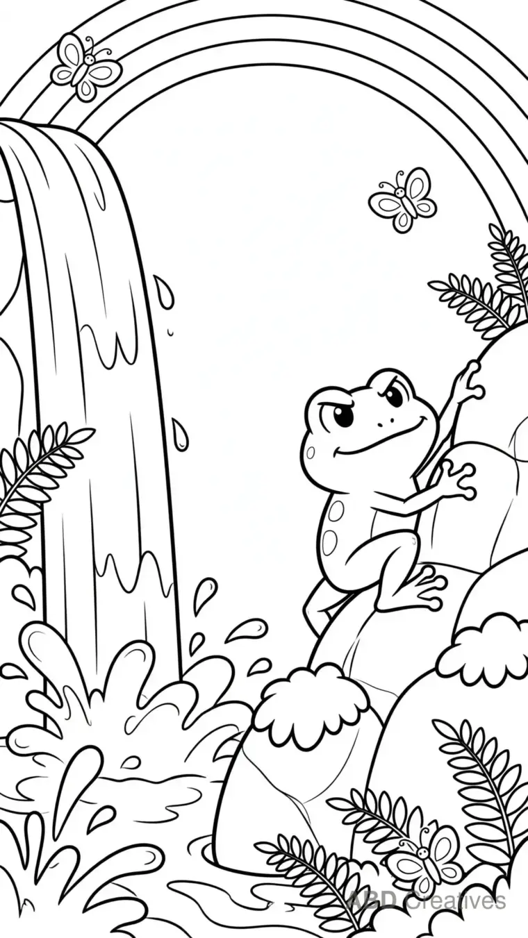 Frog Climbing a Waterfall Coloring Page