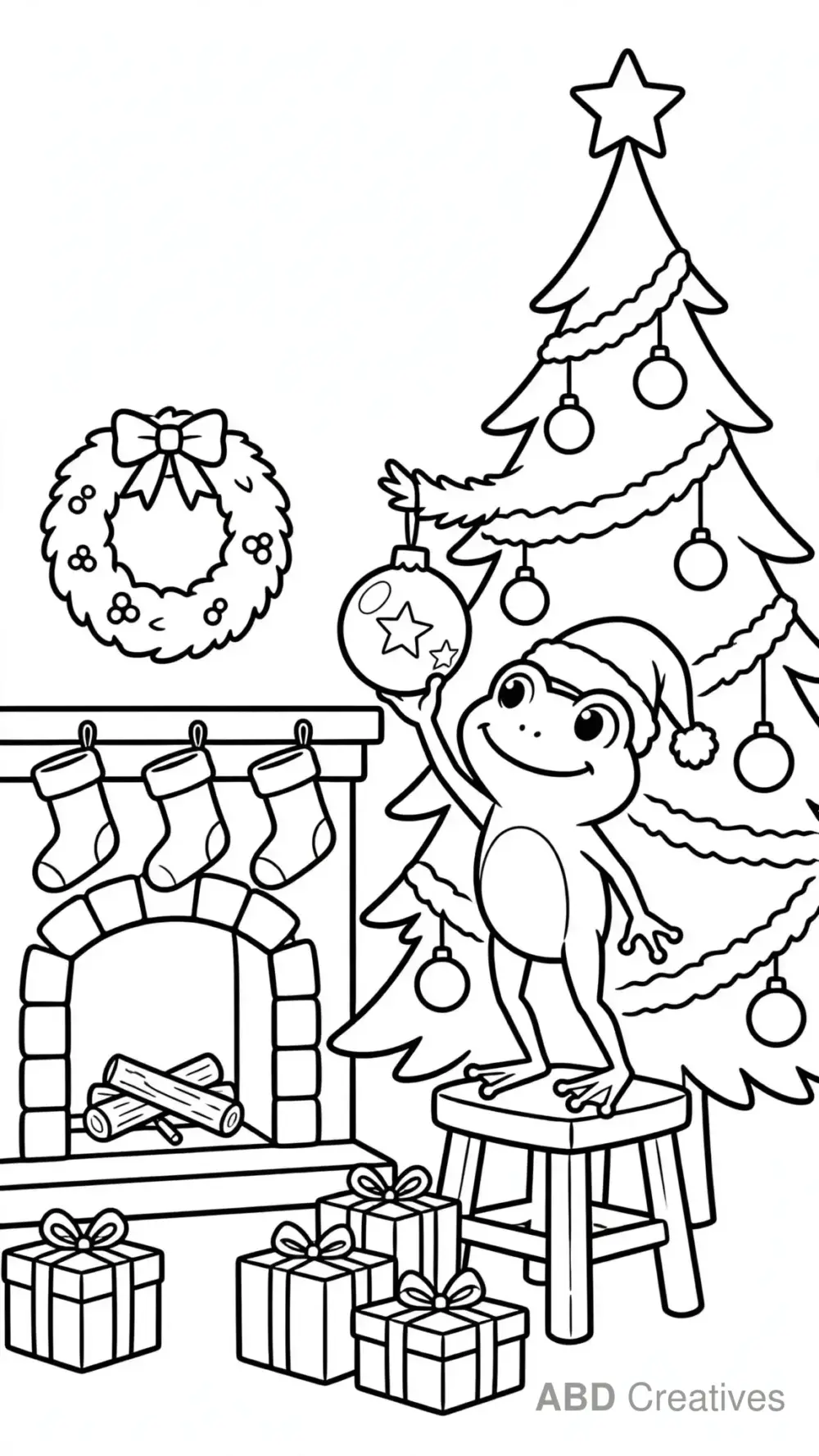 Frog Decorating a Christmas Tree Coloring Page