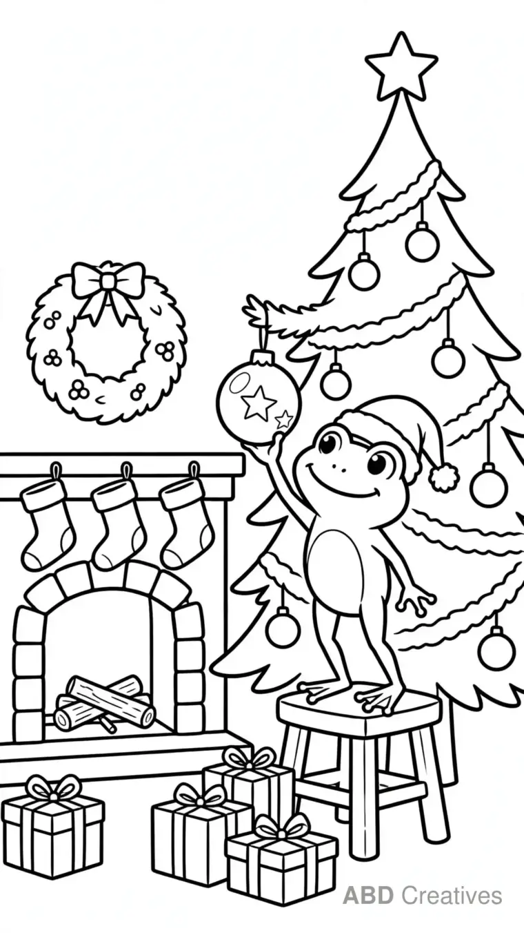 Frog Decorating a Christmas Tree Coloring Page