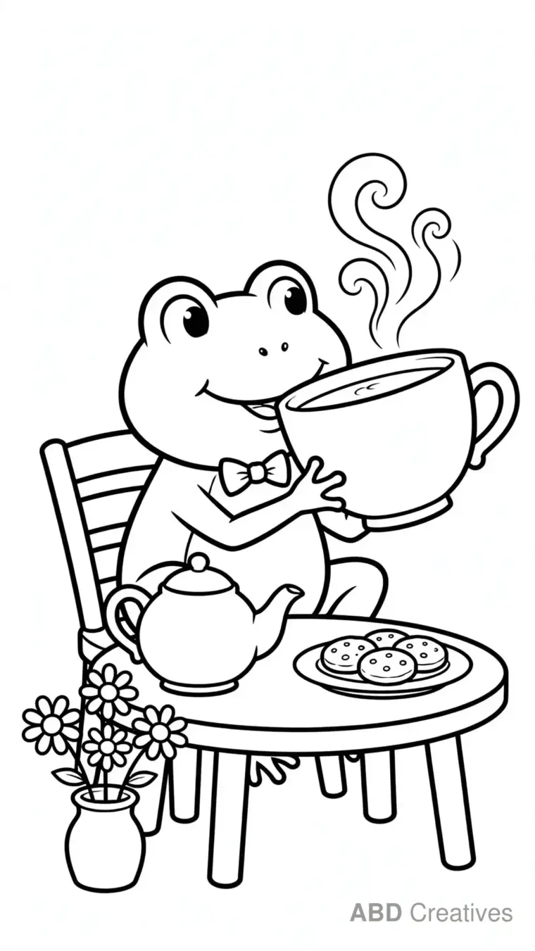 Frog Drinking from a Teacup Coloring Page