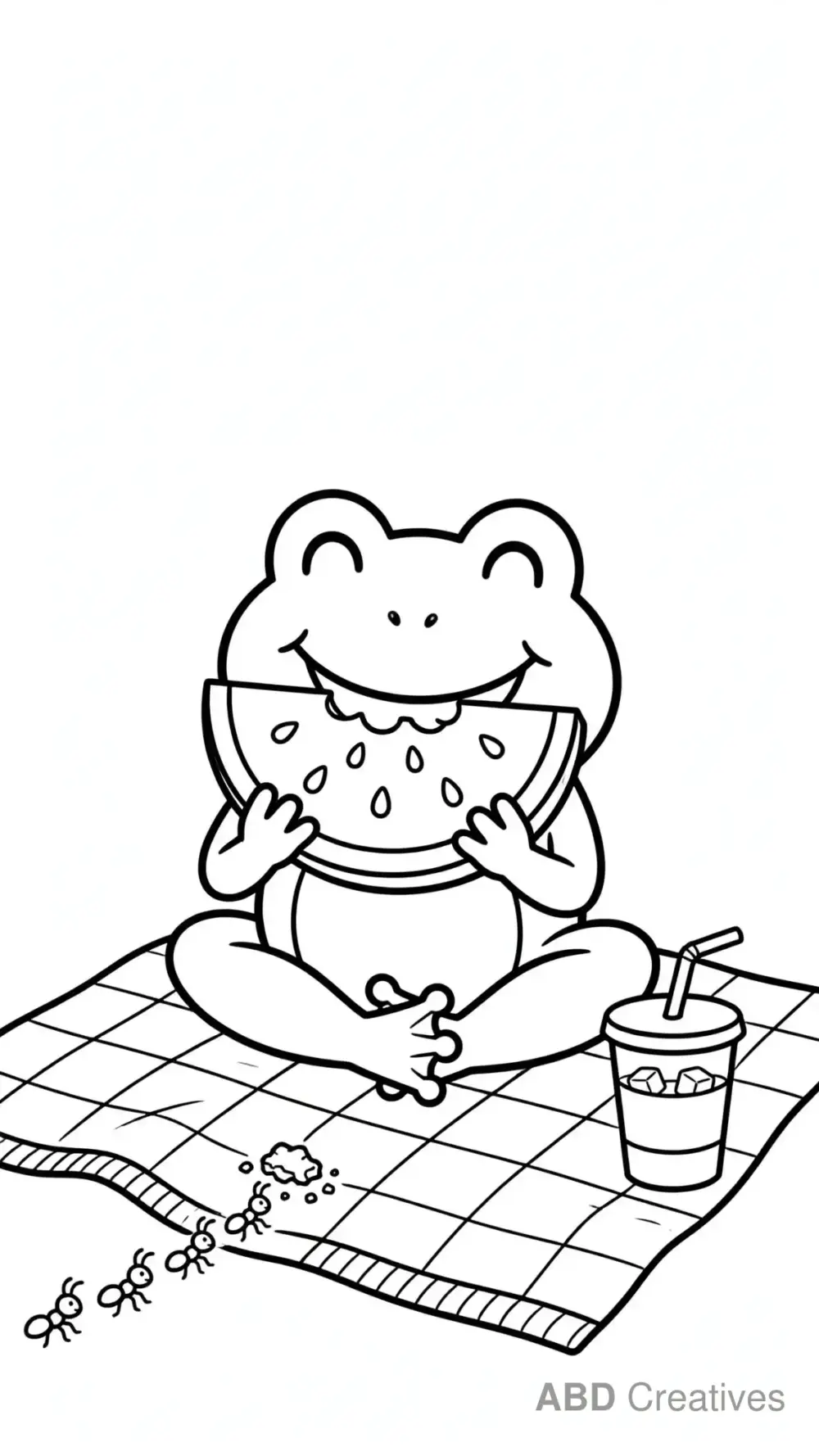 Frog Eating a Watermelon Slice Coloring Page