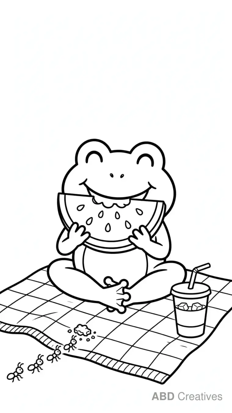 Frog Eating a Watermelon Slice Coloring Page