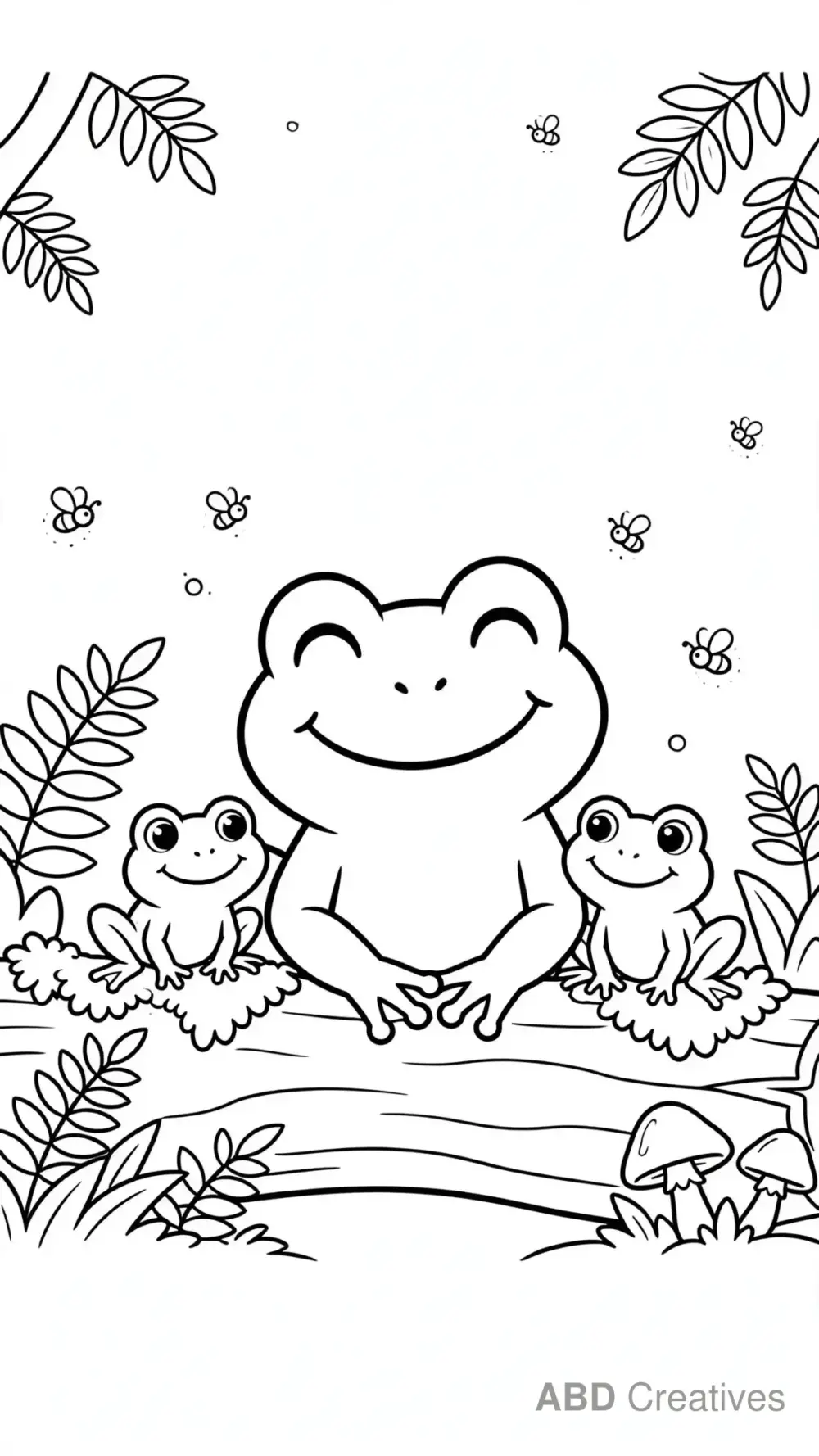 Frog Family Resting on a Log Coloring Page