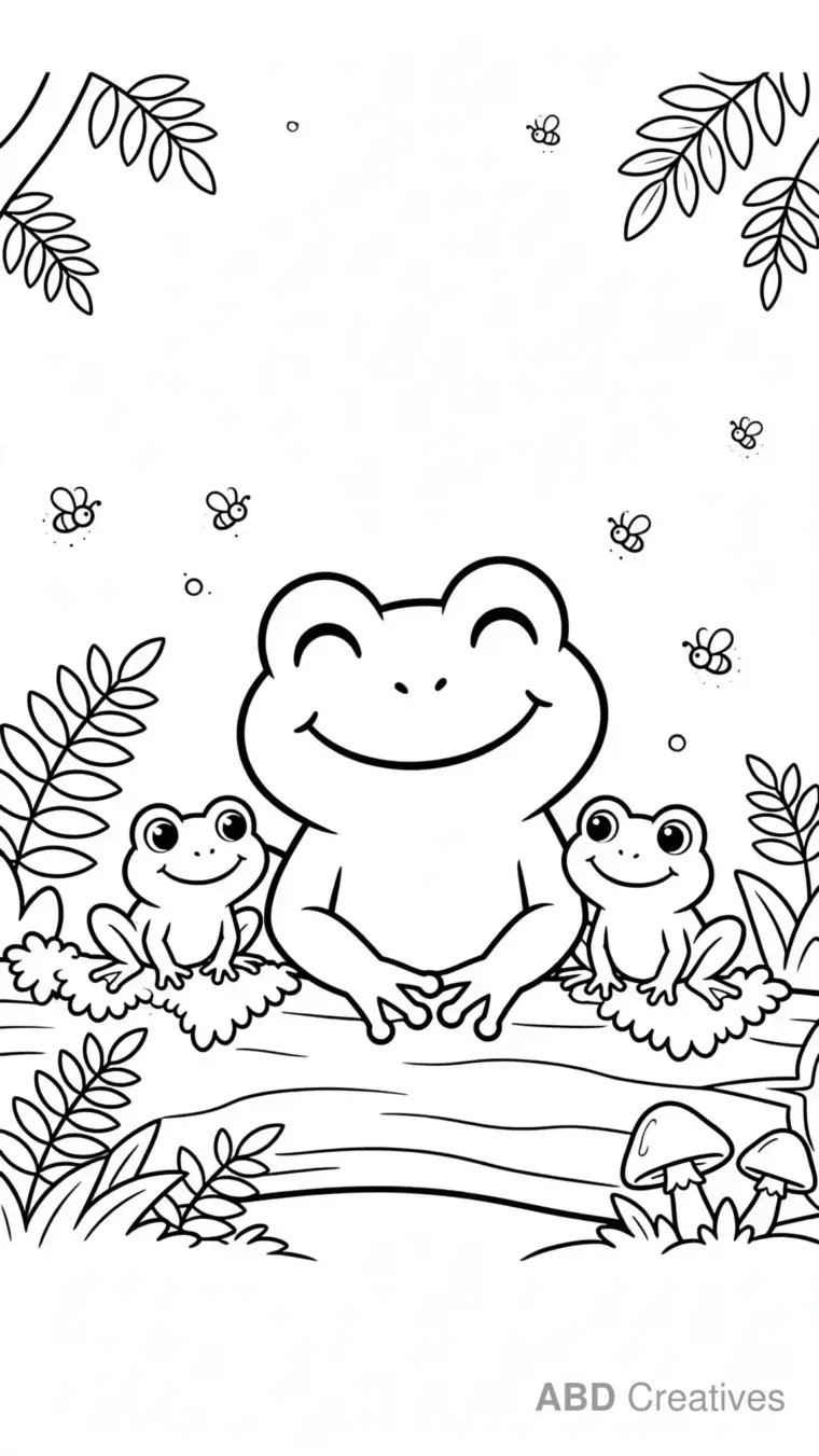 Frog Family Resting on a Log Coloring Page