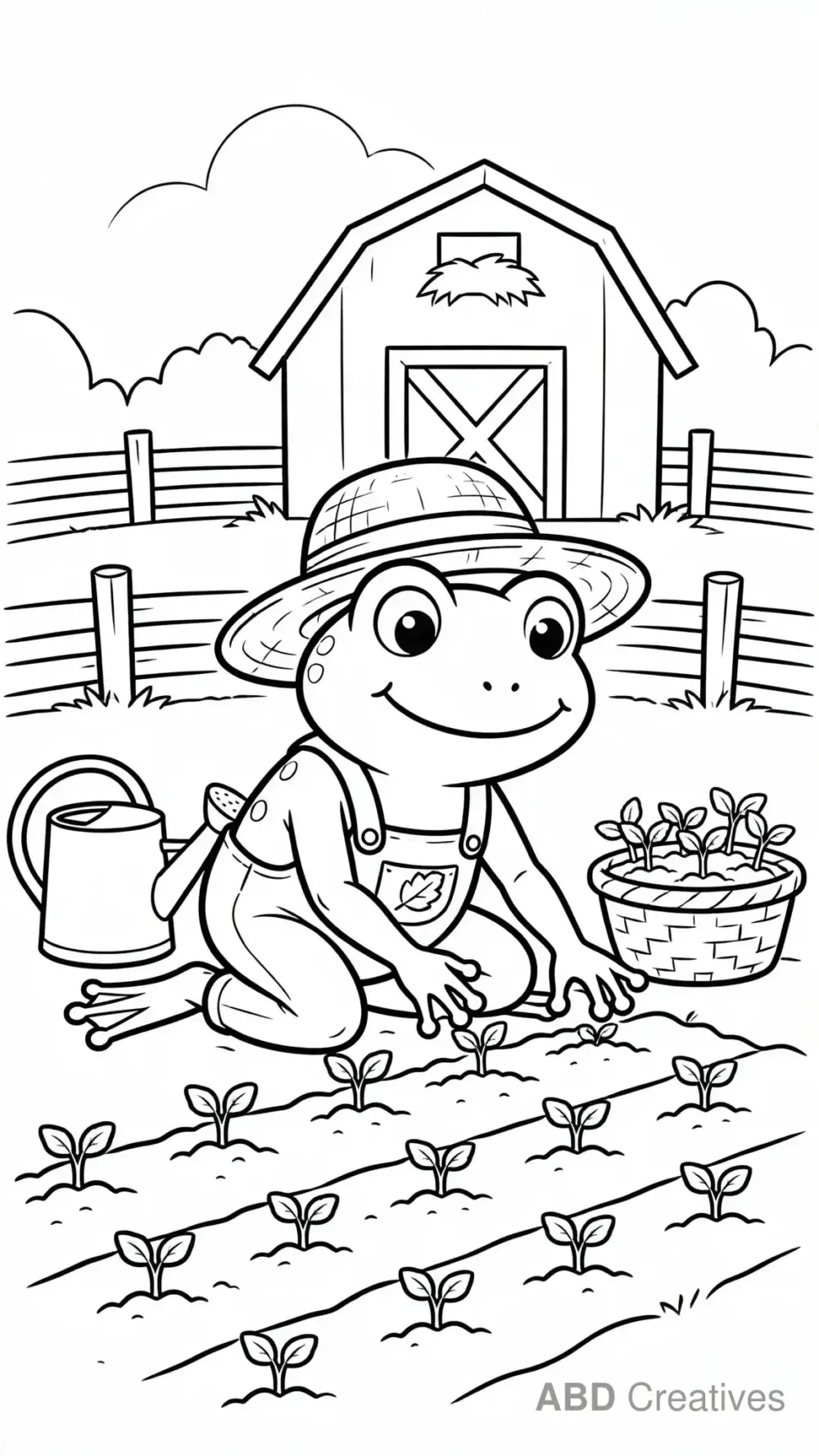 Frog Farmer Planting Carrots Coloring Page