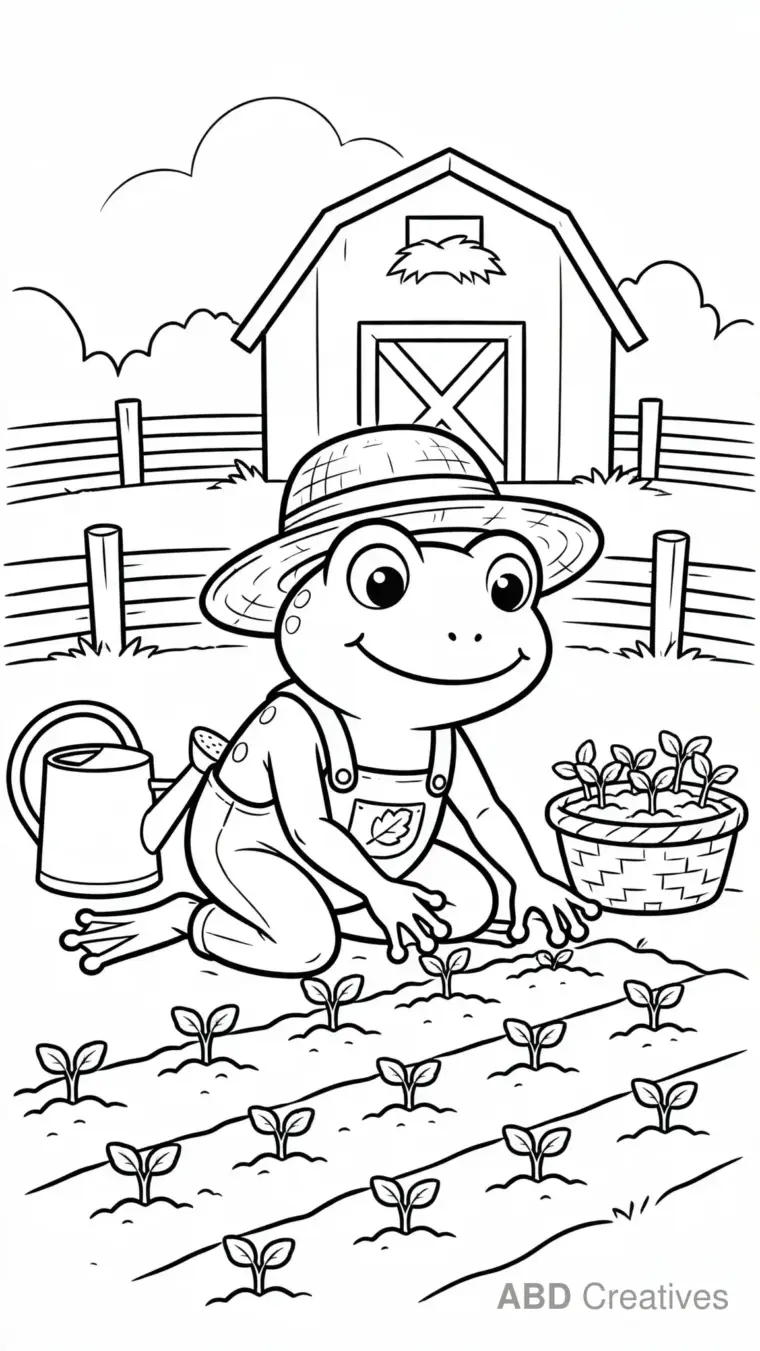 Frog Farmer Planting Carrots Coloring Page