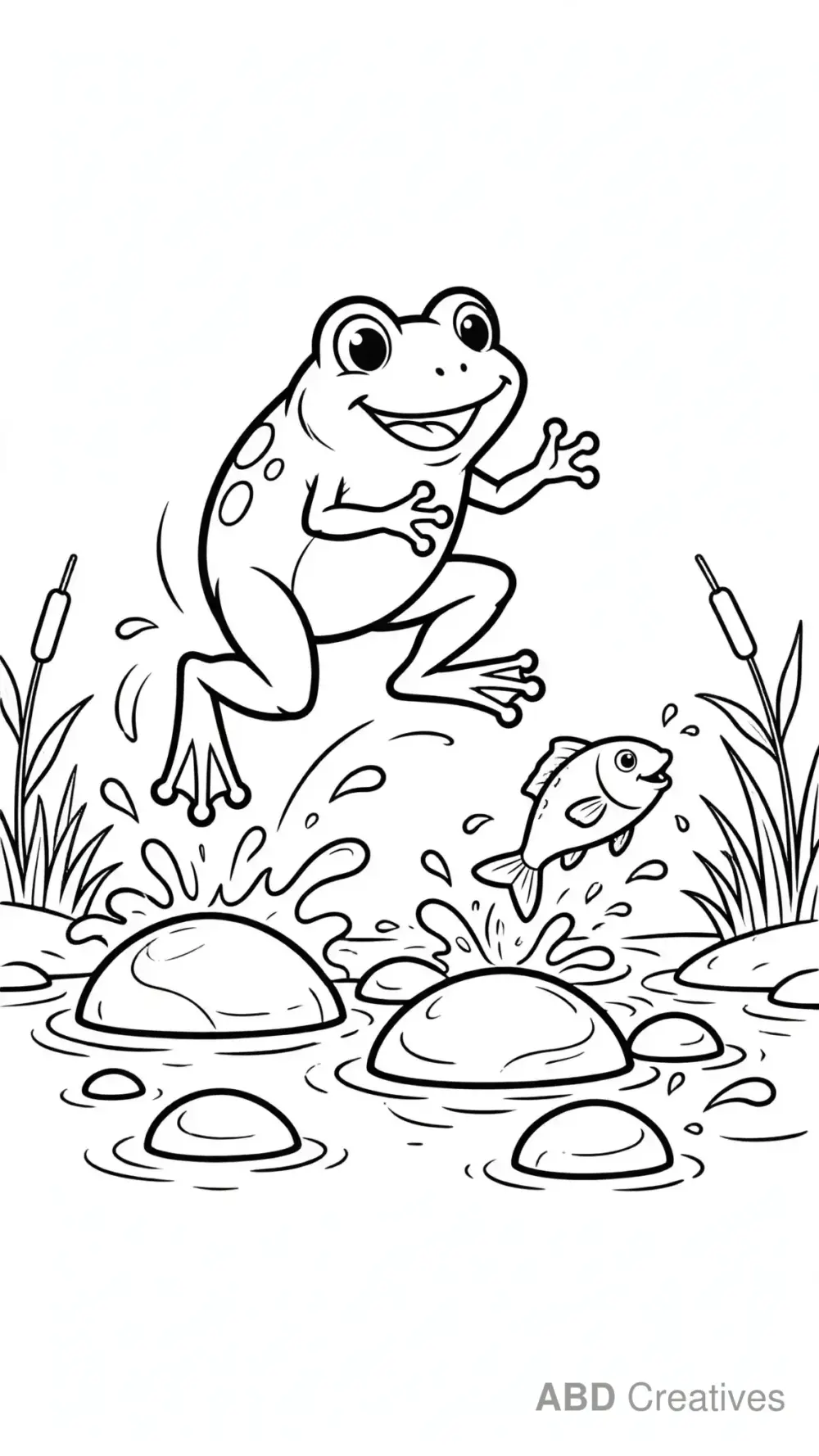 Frog Jumping Over Rocks in a Stream Coloring Page