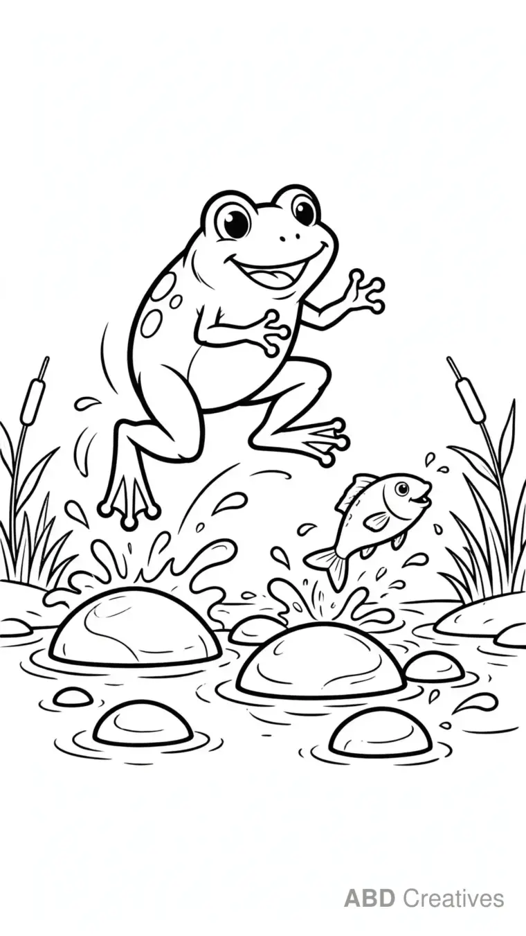 Frog Jumping Over Rocks in a Stream Coloring Page