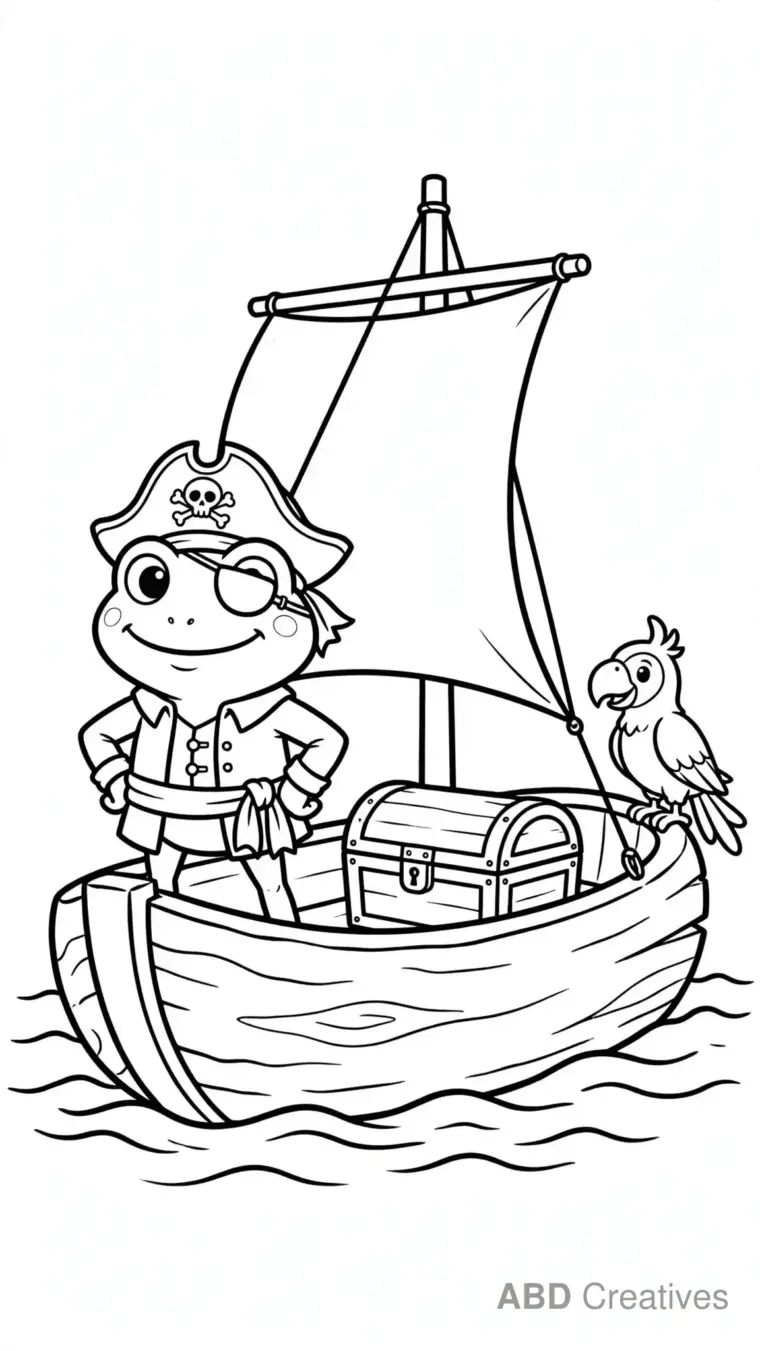 Frog Pirate Sailing a Log Boat Coloring Page