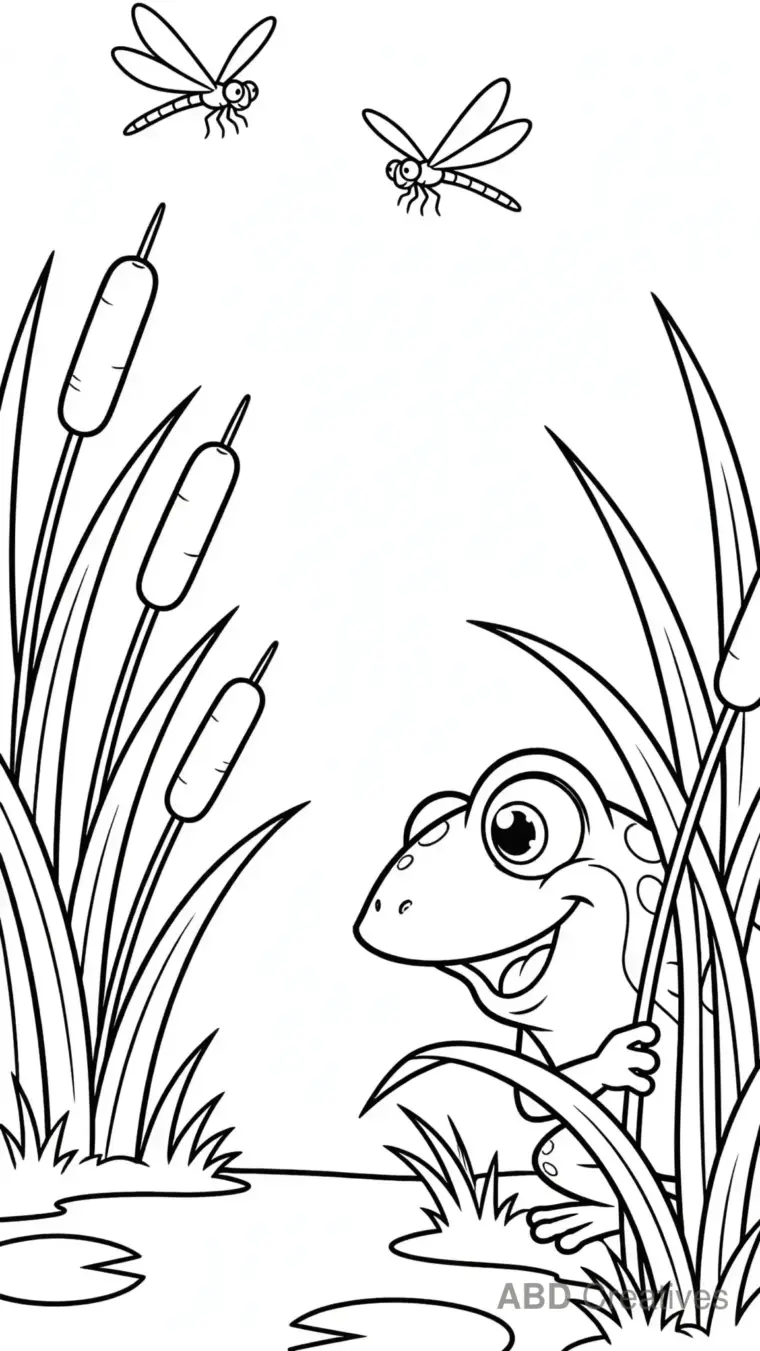 Frog Playing Hide and Seek in Reeds Coloring Page