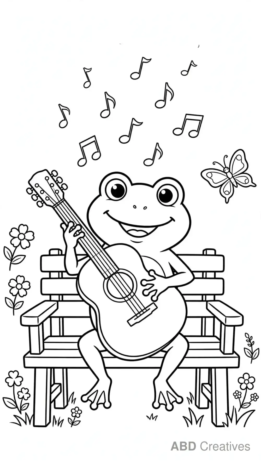 Frog Playing a Guitar in the Garden Coloring Page