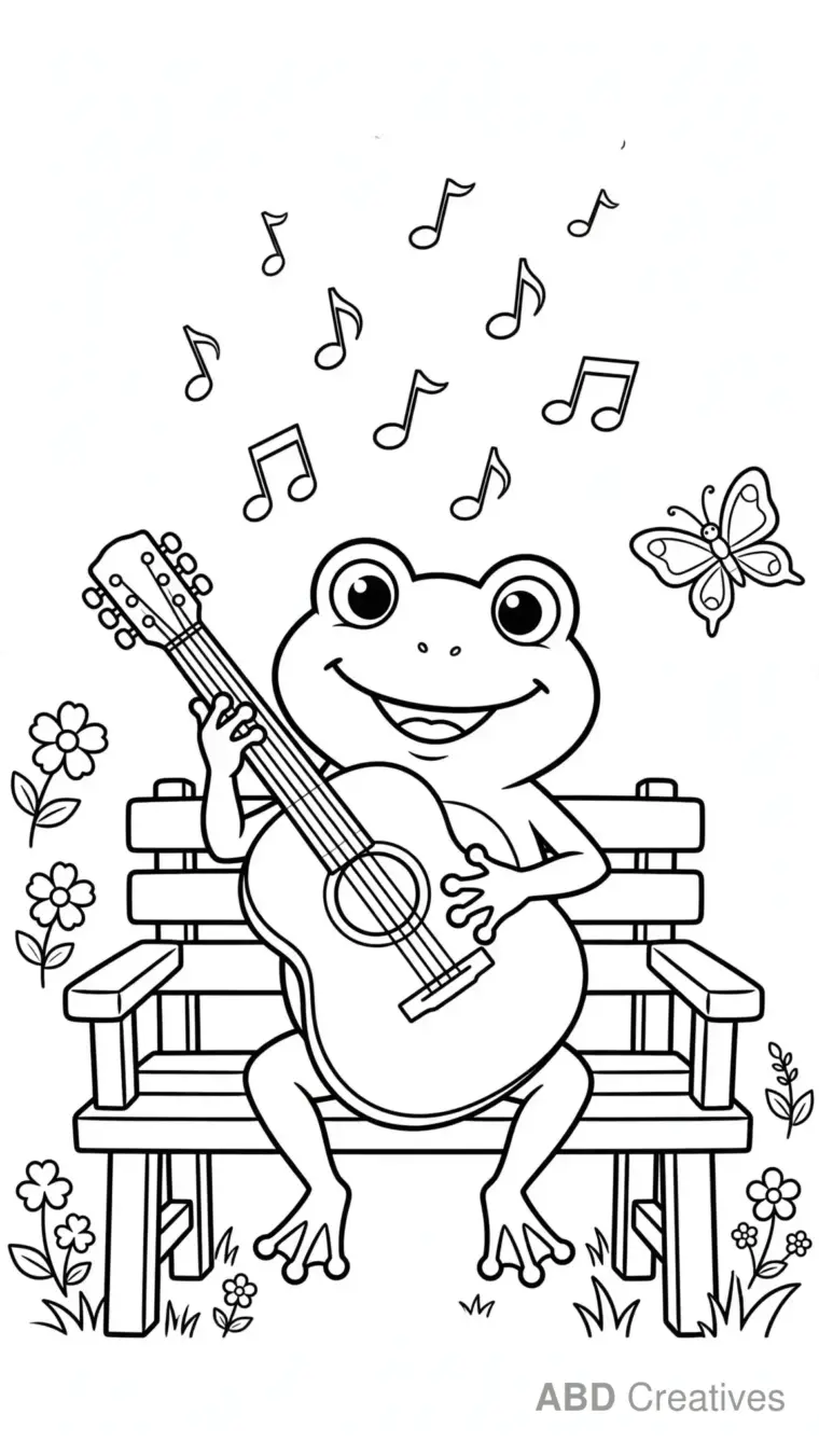 Frog Playing a Guitar in the Garden Coloring Page