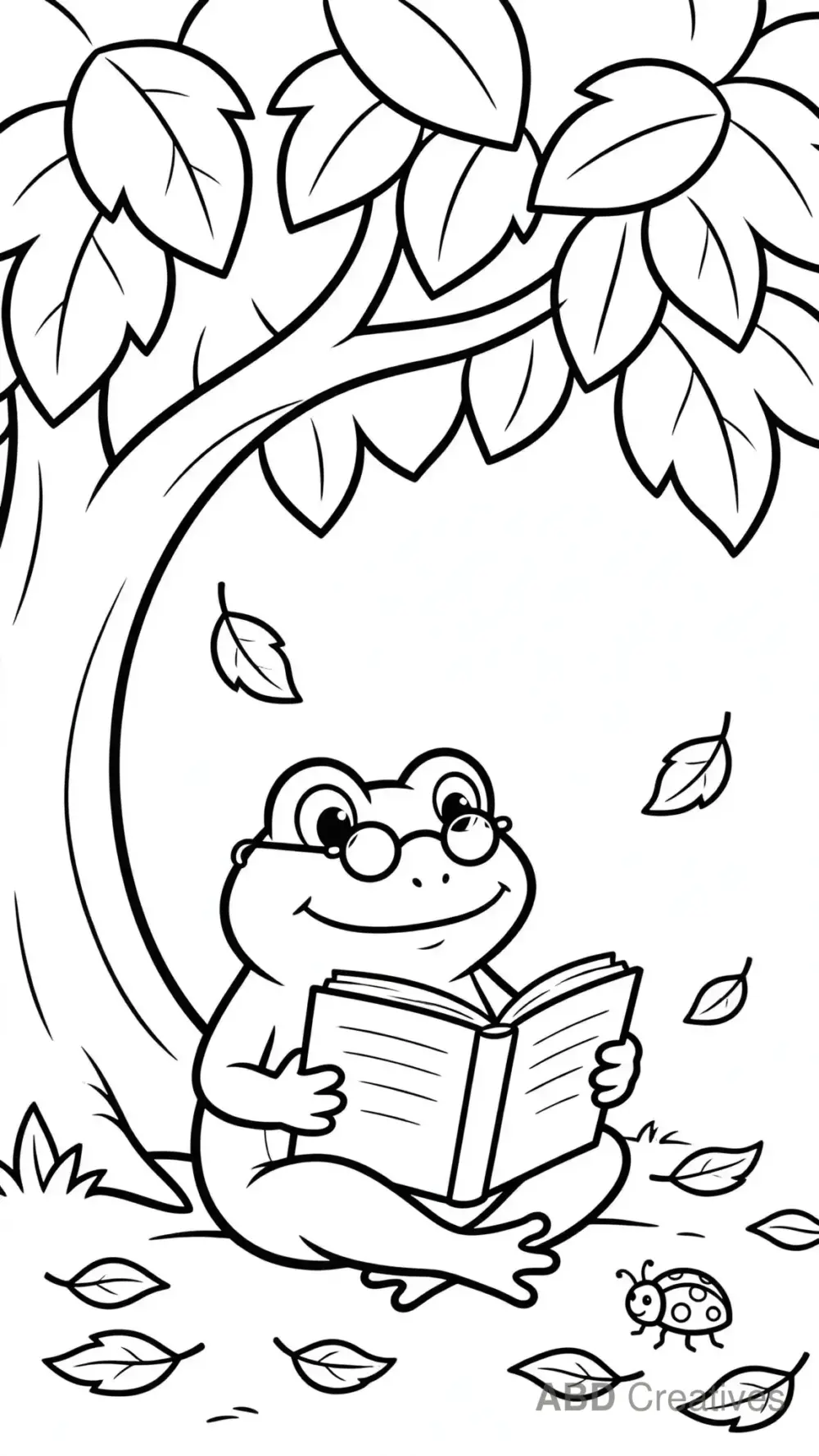Frog Reading a Book Under a Tree Coloring Page