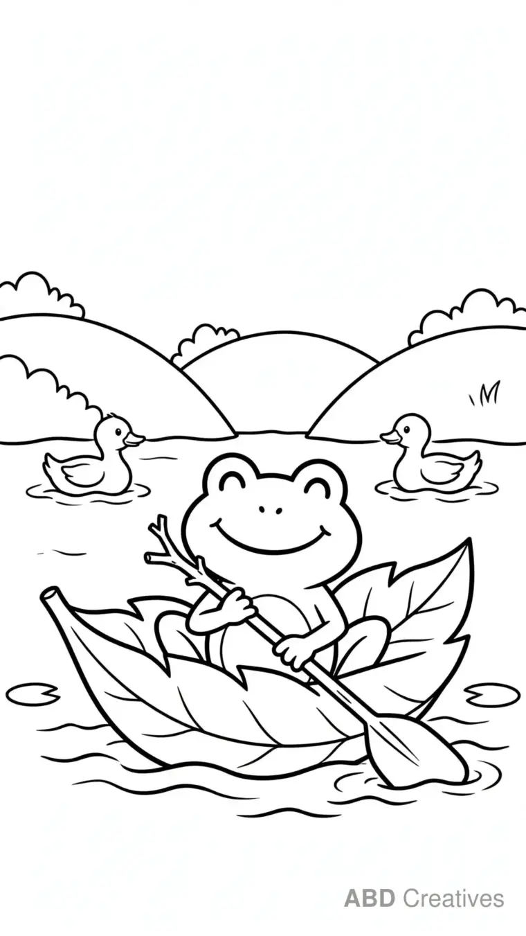 Frog Riding a Leaf Boat Coloring Page