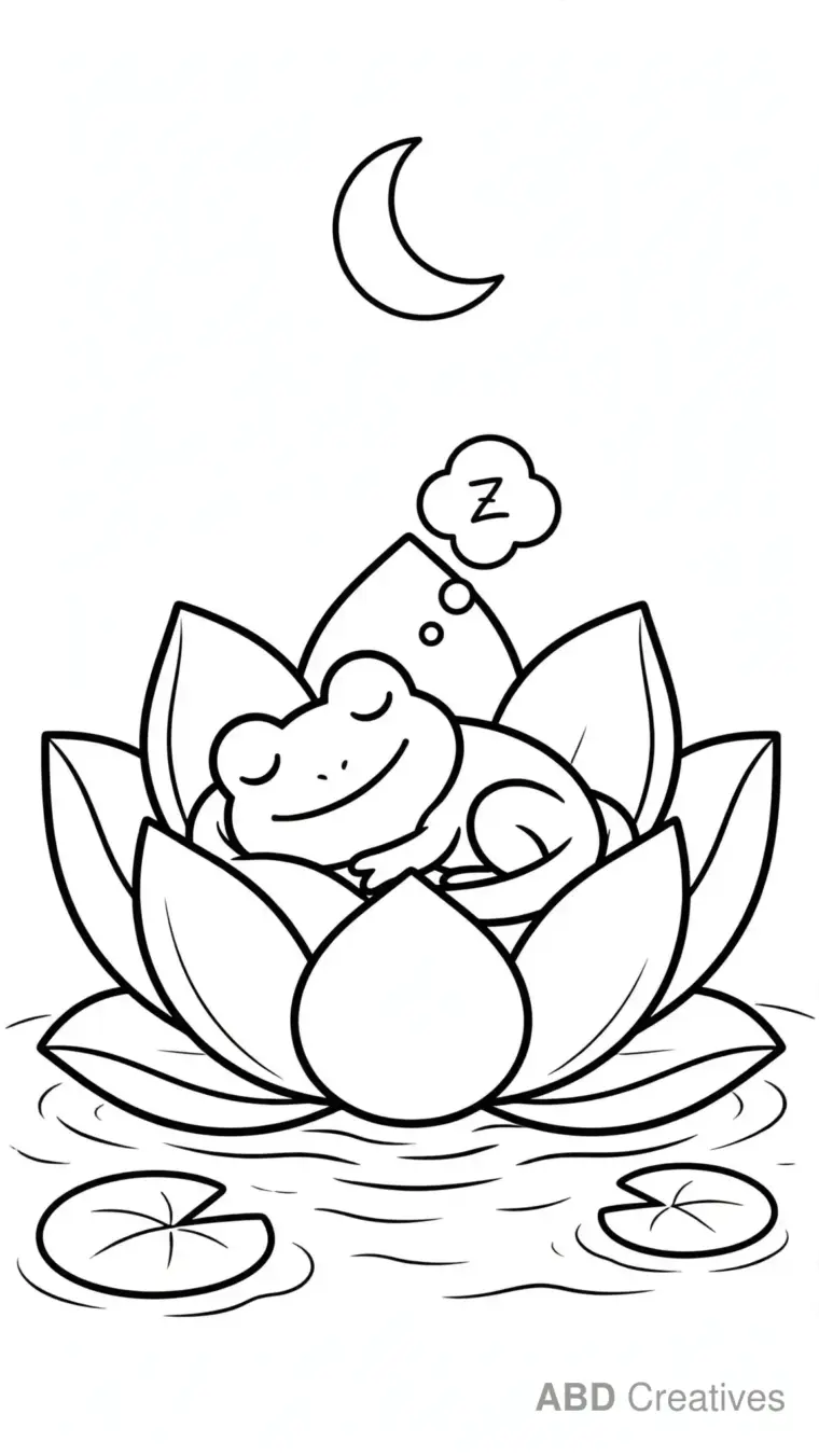 Frog Sleeping in a Lotus Flower Coloring Page