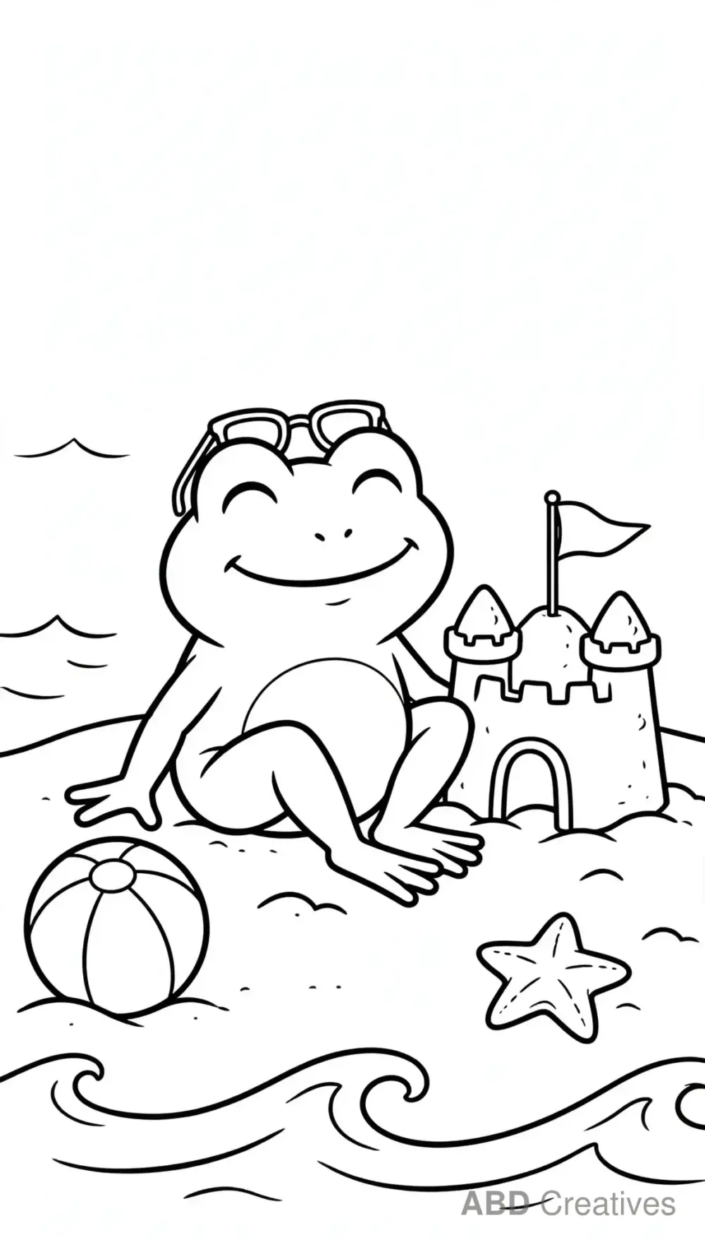 Frog at the Beach with a Sandcastle Coloring Page