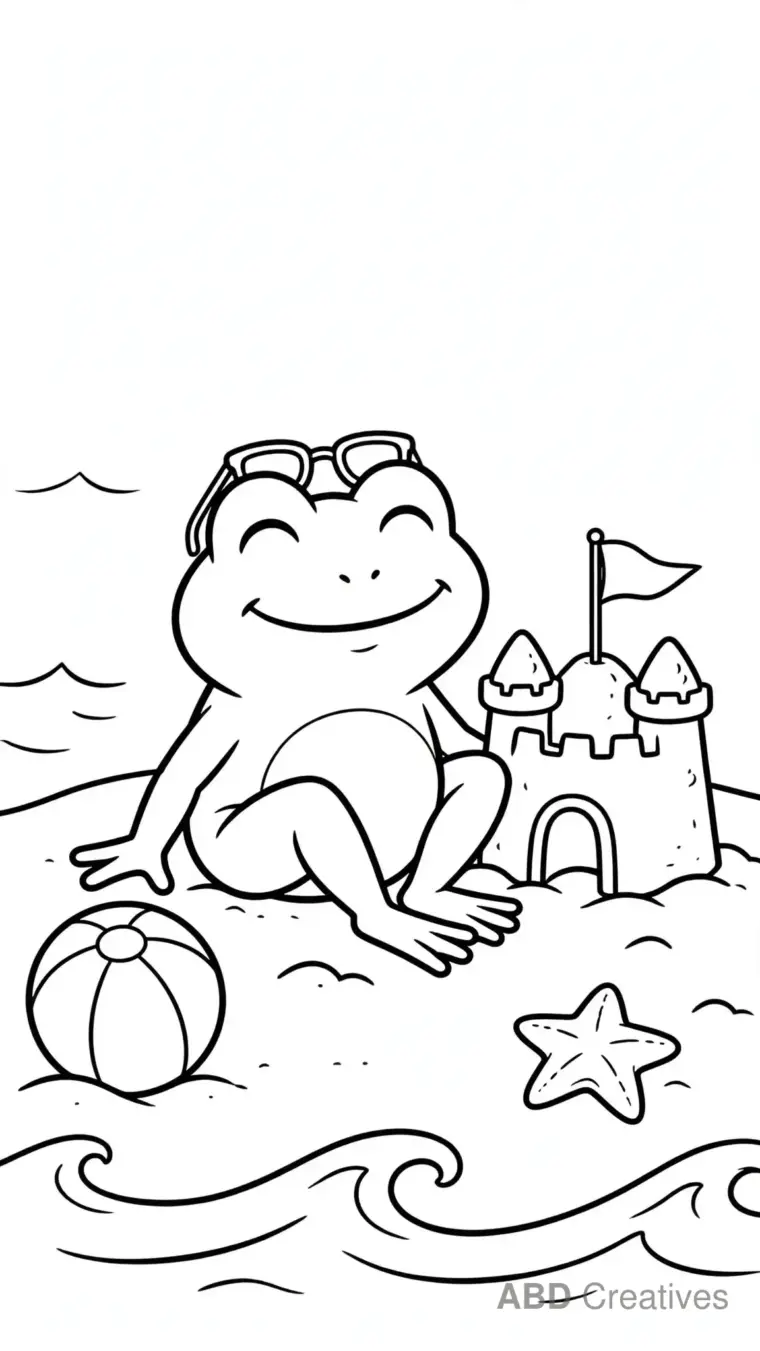 Frog at the Beach with a Sandcastle Coloring Page