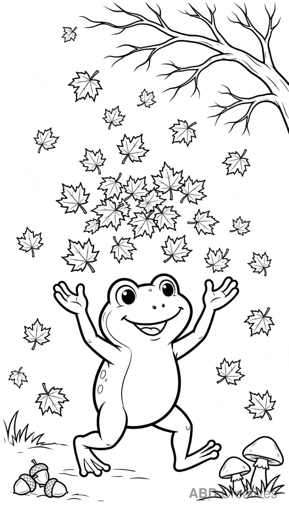 Frog in Autumn Leaves Coloring Page