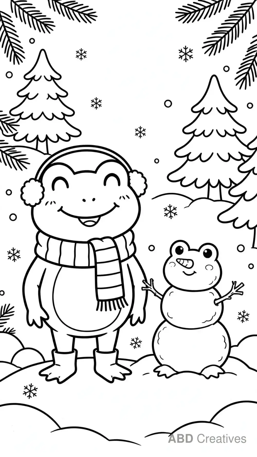 Frog in Winter Snow Wearing a Scarf Coloring Page
