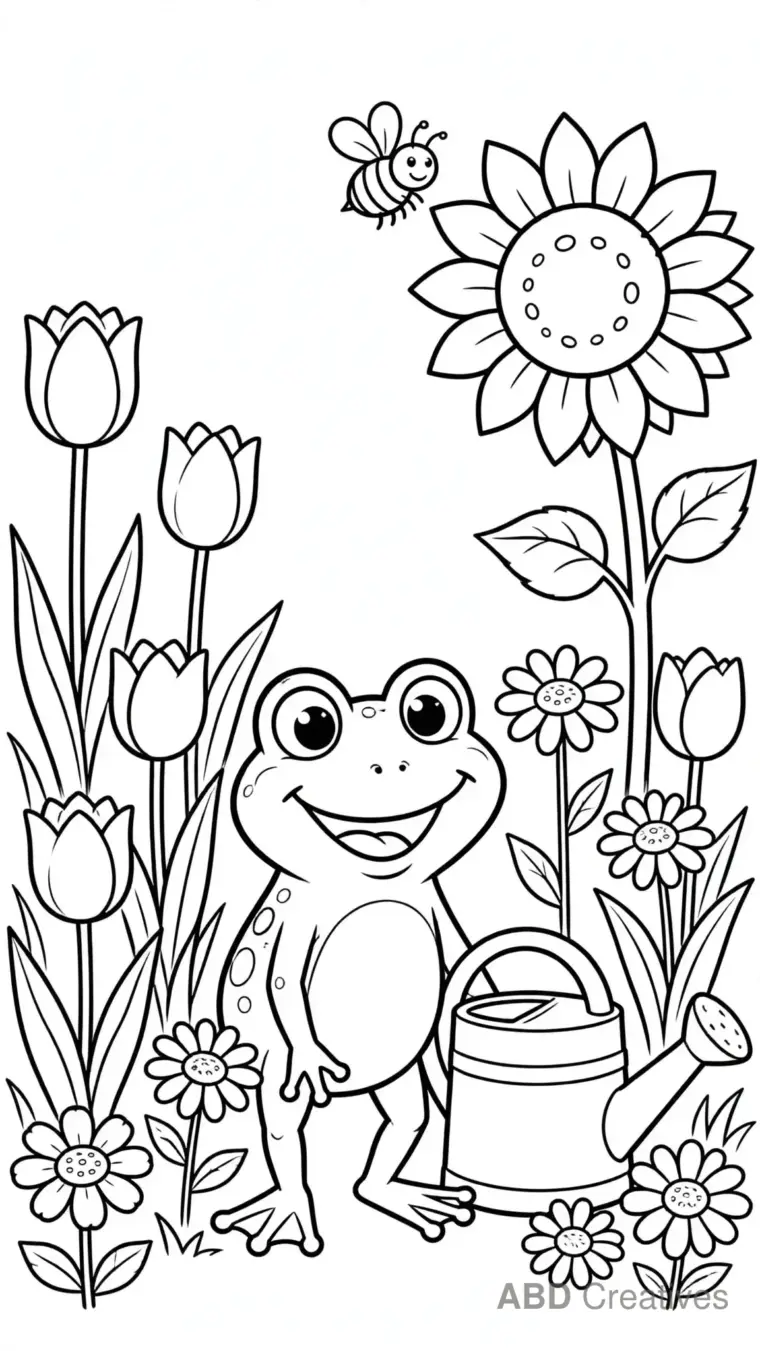 Frog in a Flower Garden Coloring Page