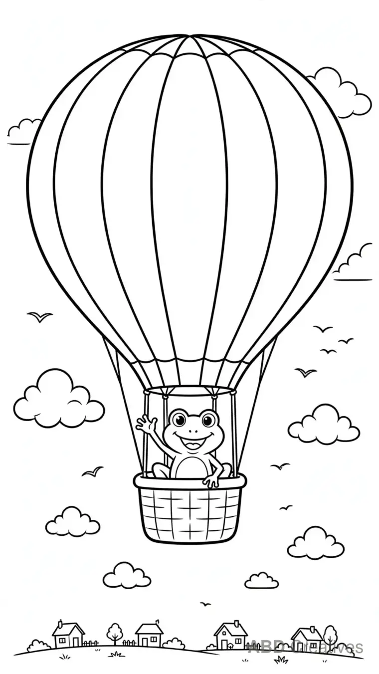 Frog in a Hot Air Balloon Coloring Page
