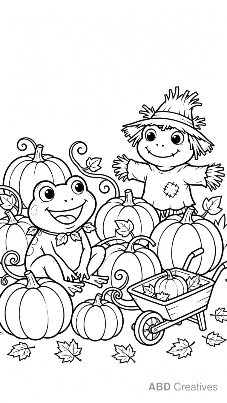 Frog in a Pumpkin Patch Coloring Page