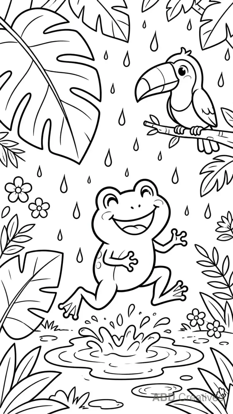 Frog in the Rainy Forest Coloring Page