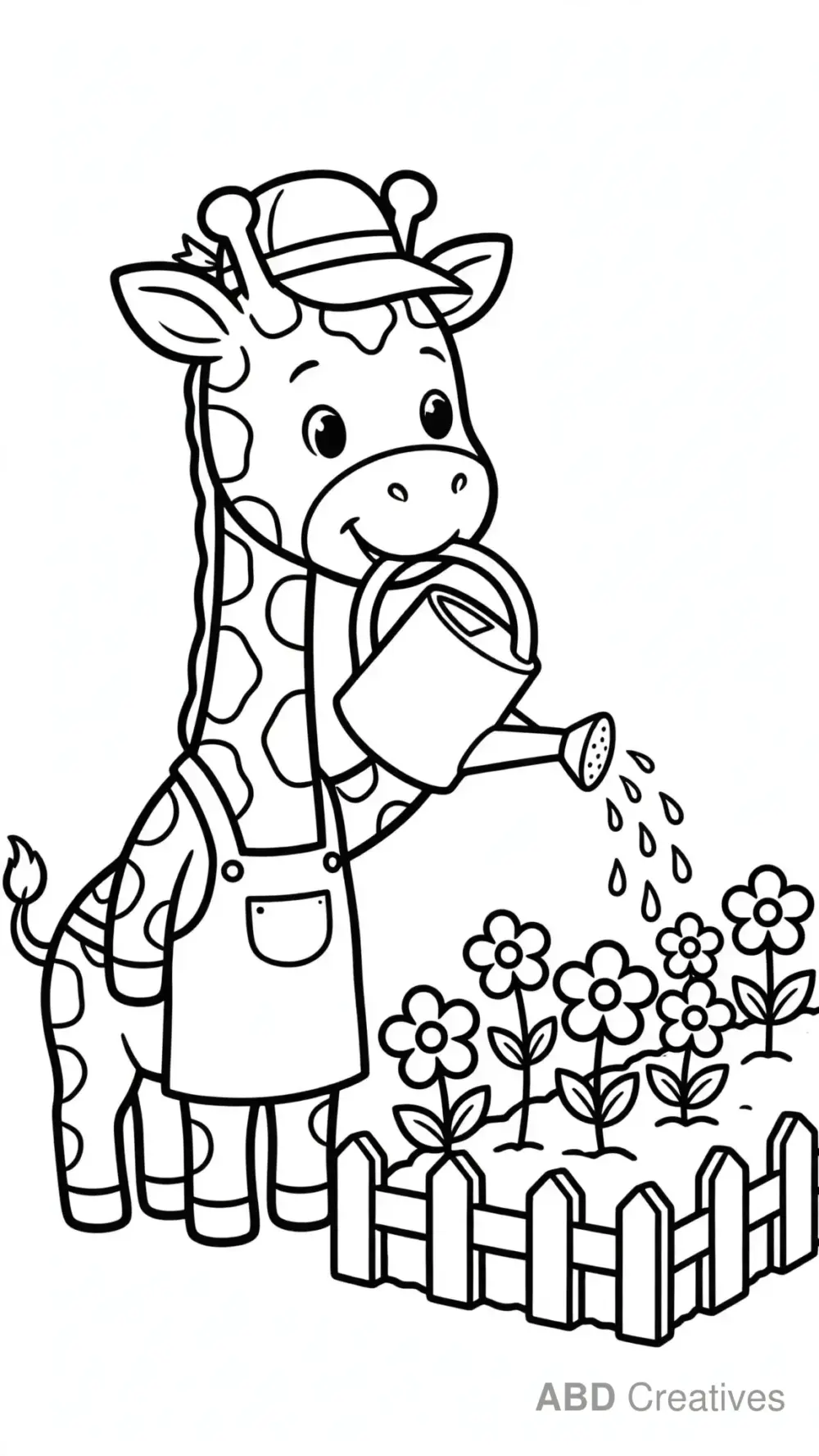 Gardener Giraffe Watering Flowers Coloring Page