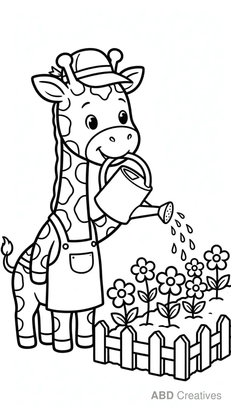 Gardener Giraffe Watering Flowers Coloring Page