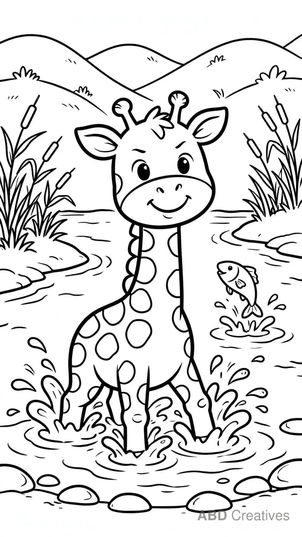 Giraffe Crossing a River Coloring Page