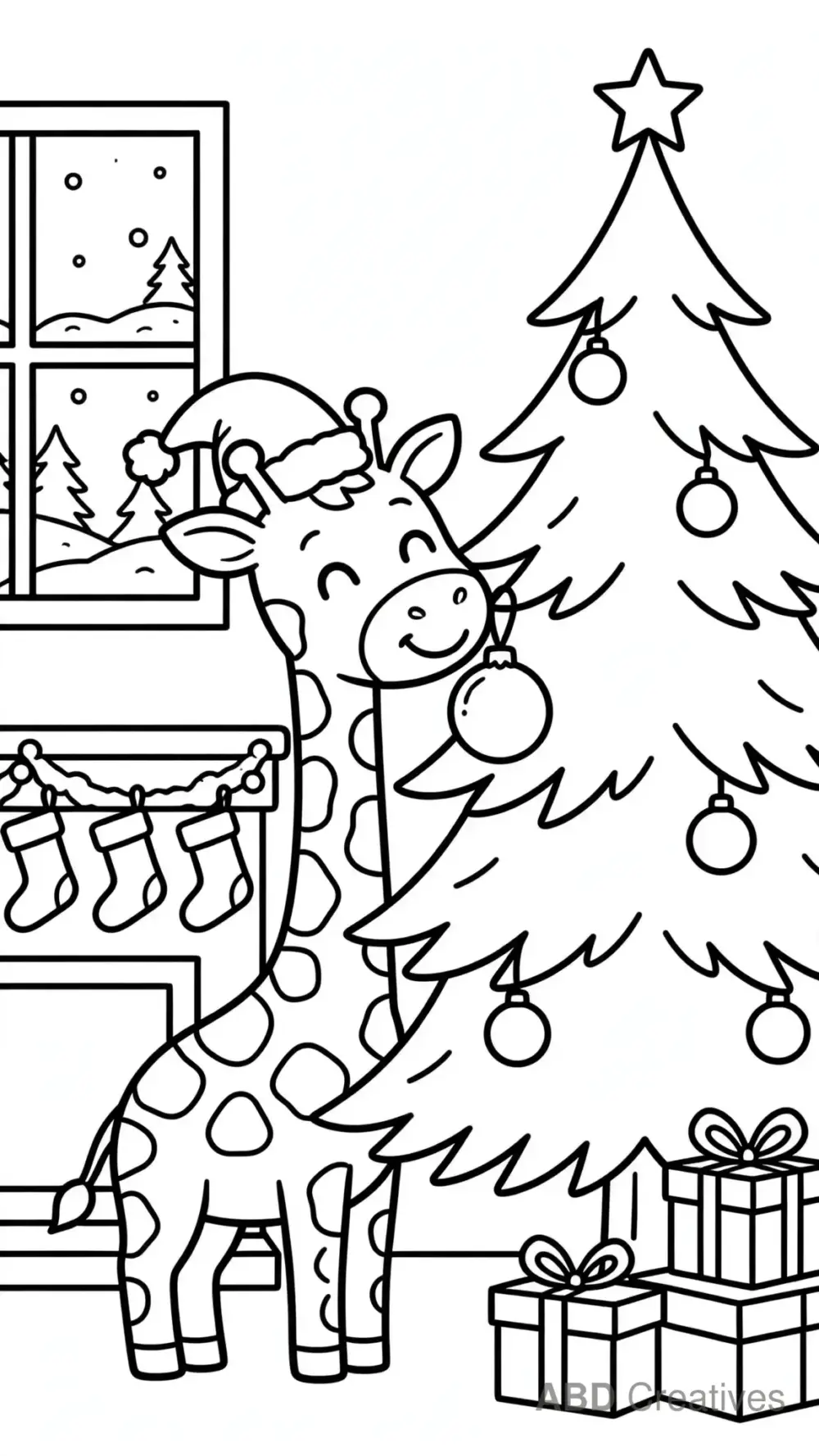 Giraffe Decorating a Christmas Tree Coloring Page