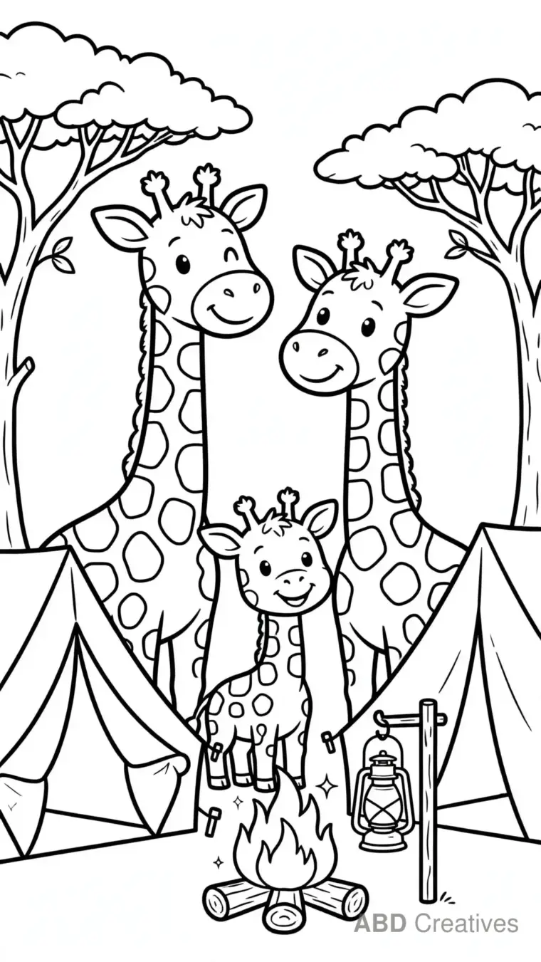 Giraffe Family at Safari Camp Coloring Page