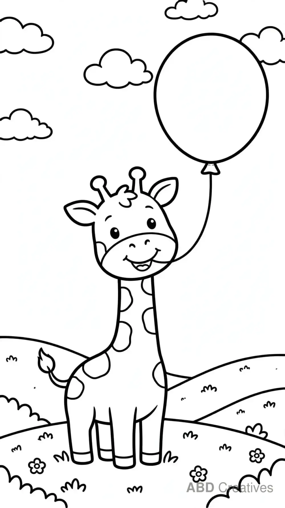 Giraffe Holding a Balloon in a Meadow Coloring Page