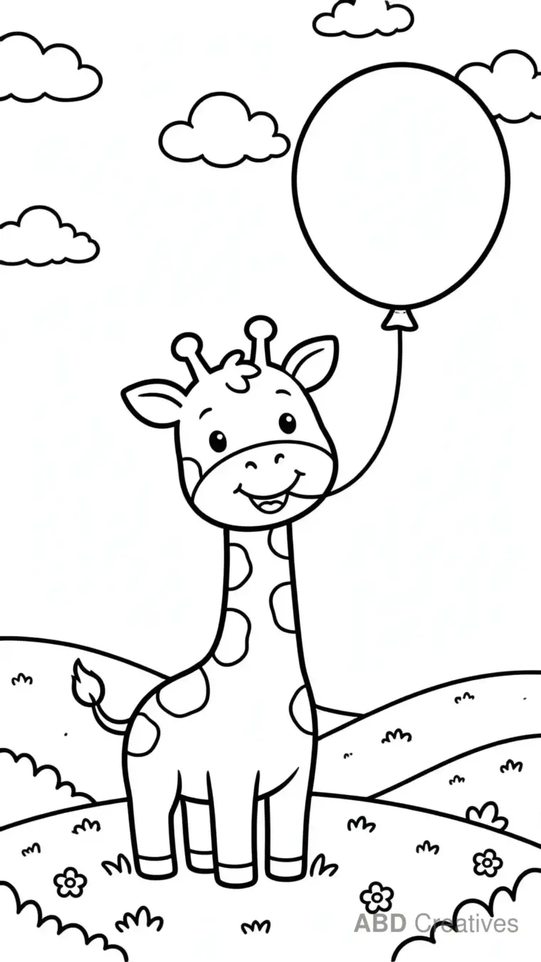 Giraffe Holding a Balloon in a Meadow Coloring Page