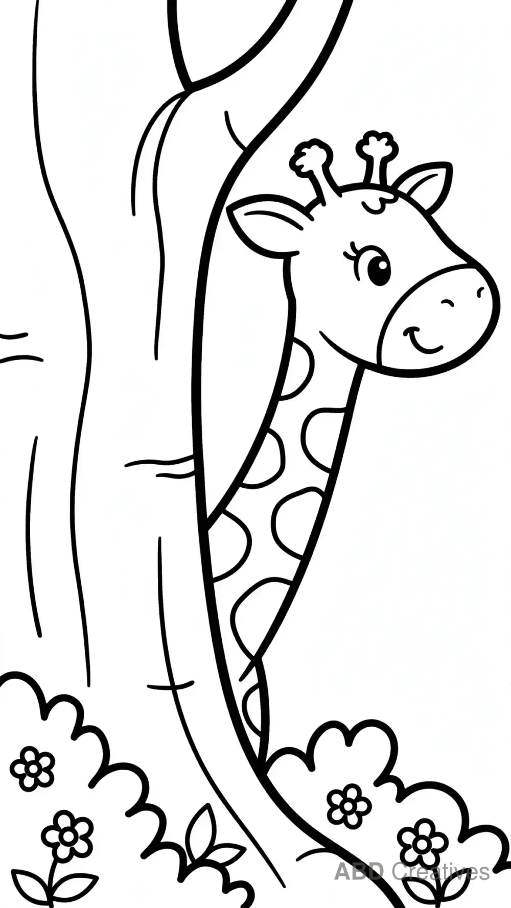 Giraffe Peeking from Behind a Tree Coloring Page