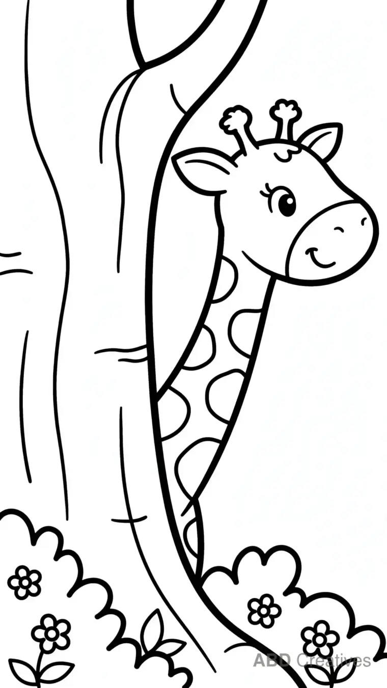 Giraffe Peeking from Behind a Tree Coloring Page