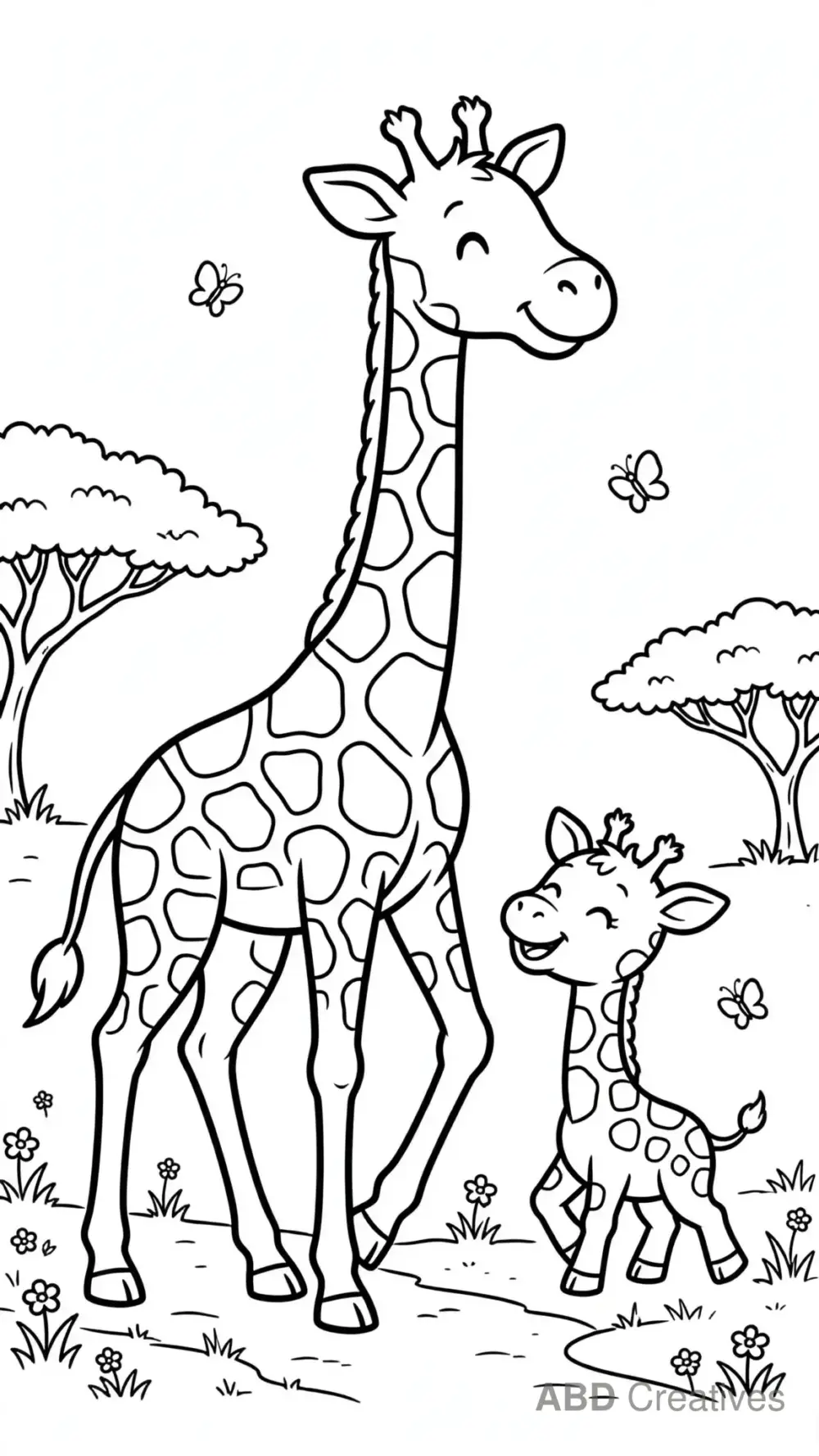 Giraffe and Baby Walking Together Coloring Page