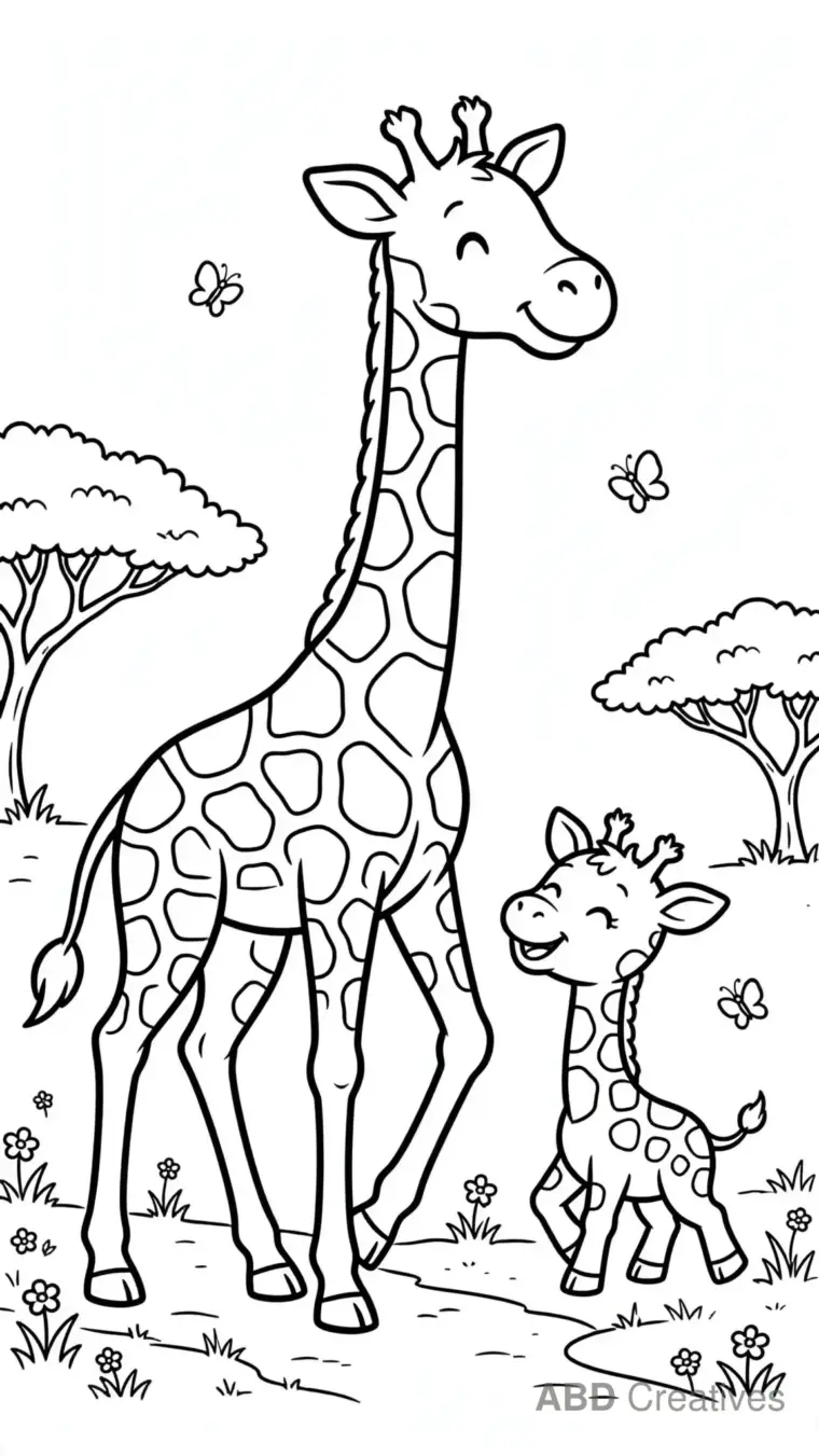 Giraffe and Baby Walking Together Coloring Page