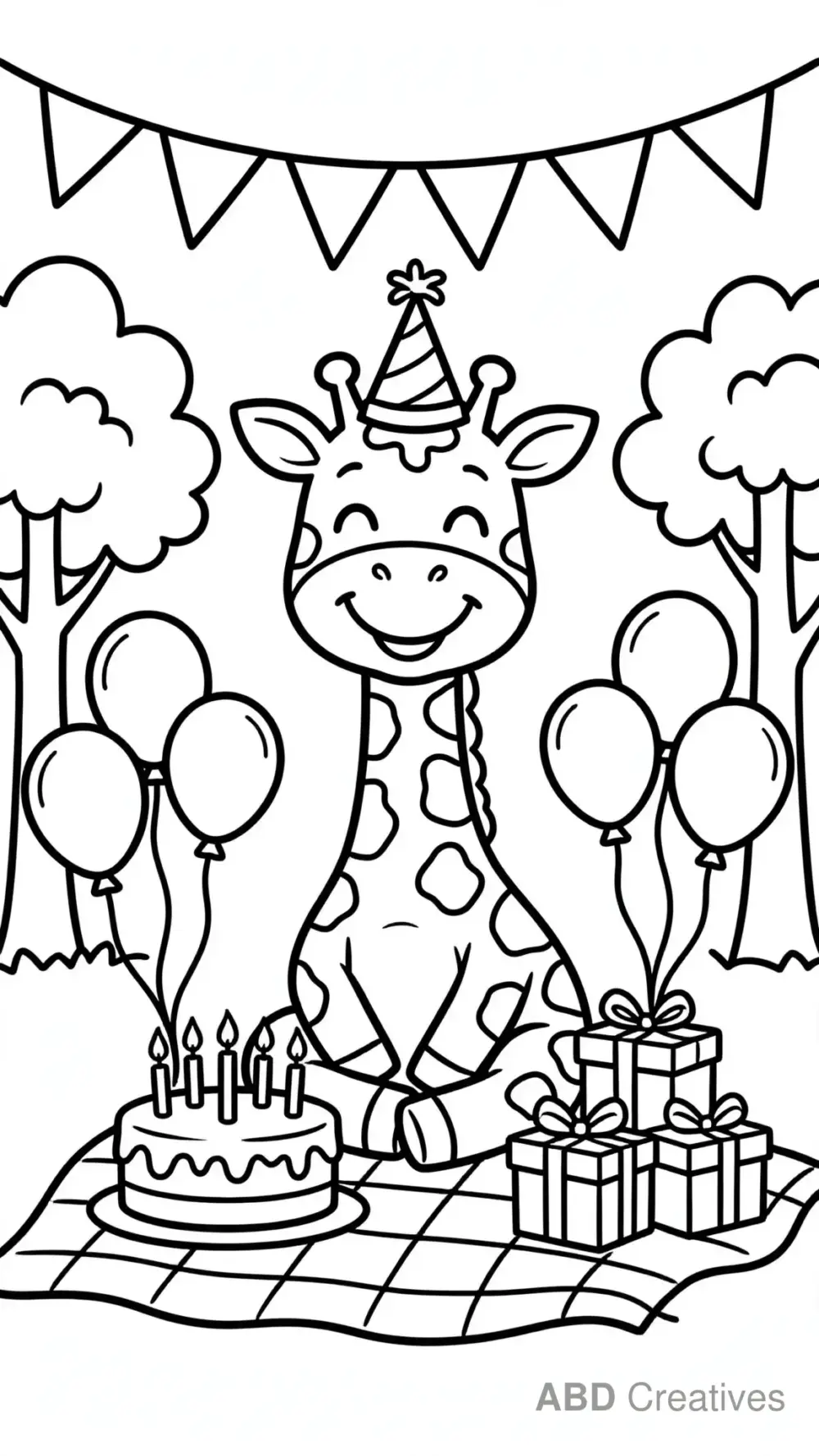 Giraffe at a Birthday Picnic Coloring Page